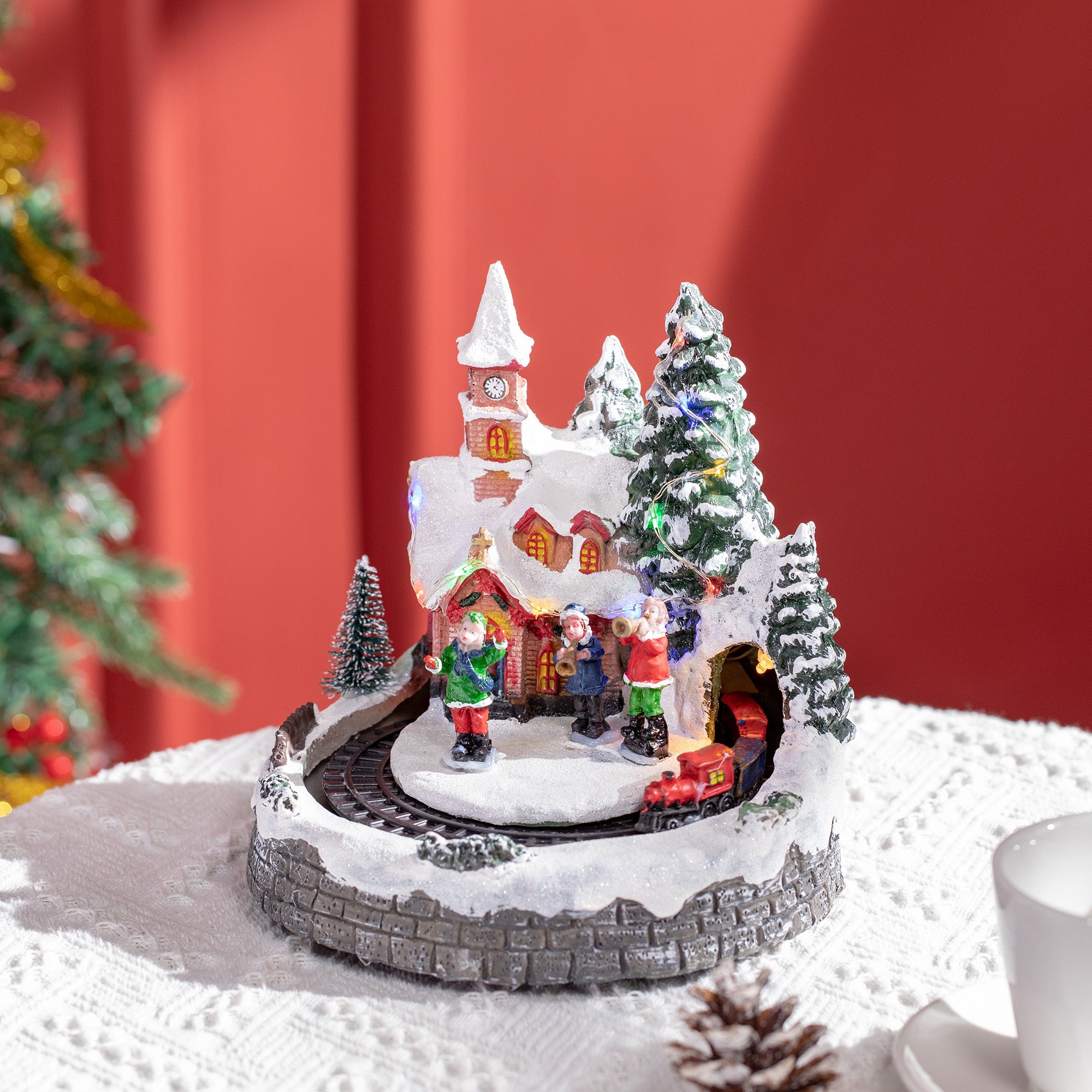 Animated Christmas Village Scene, Pre-Lit with LED Lights, Rotating Train