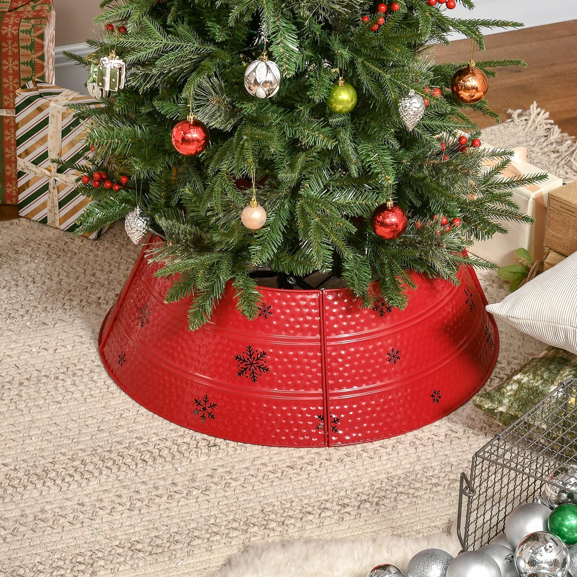 Christmas Tree Collar, Steel Tree Ring Skirt,  26"" x 26"" x 9"", Red