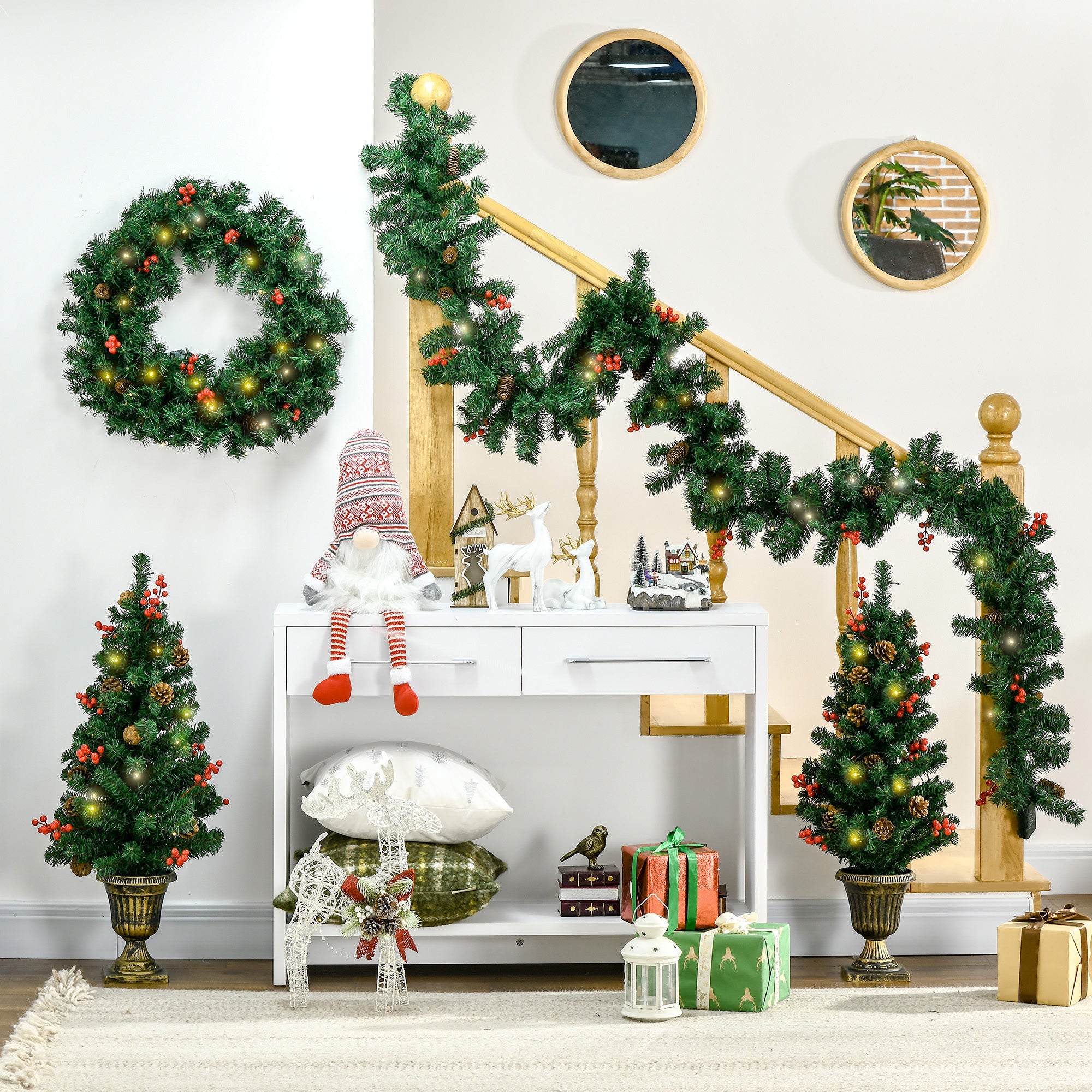 Pre-lit Christmas 4-Piece Set, Garland Wreath and Set of 2 Entrance Trees with Warm White LED Lights, Red Berries, Pine Cones, Green