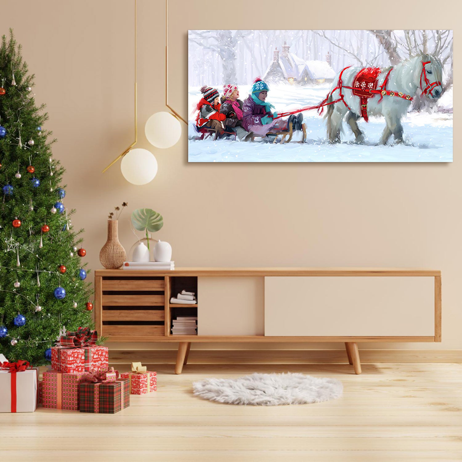 Framed Canvas Wall Art  Kids Riding on White Horse and Sled