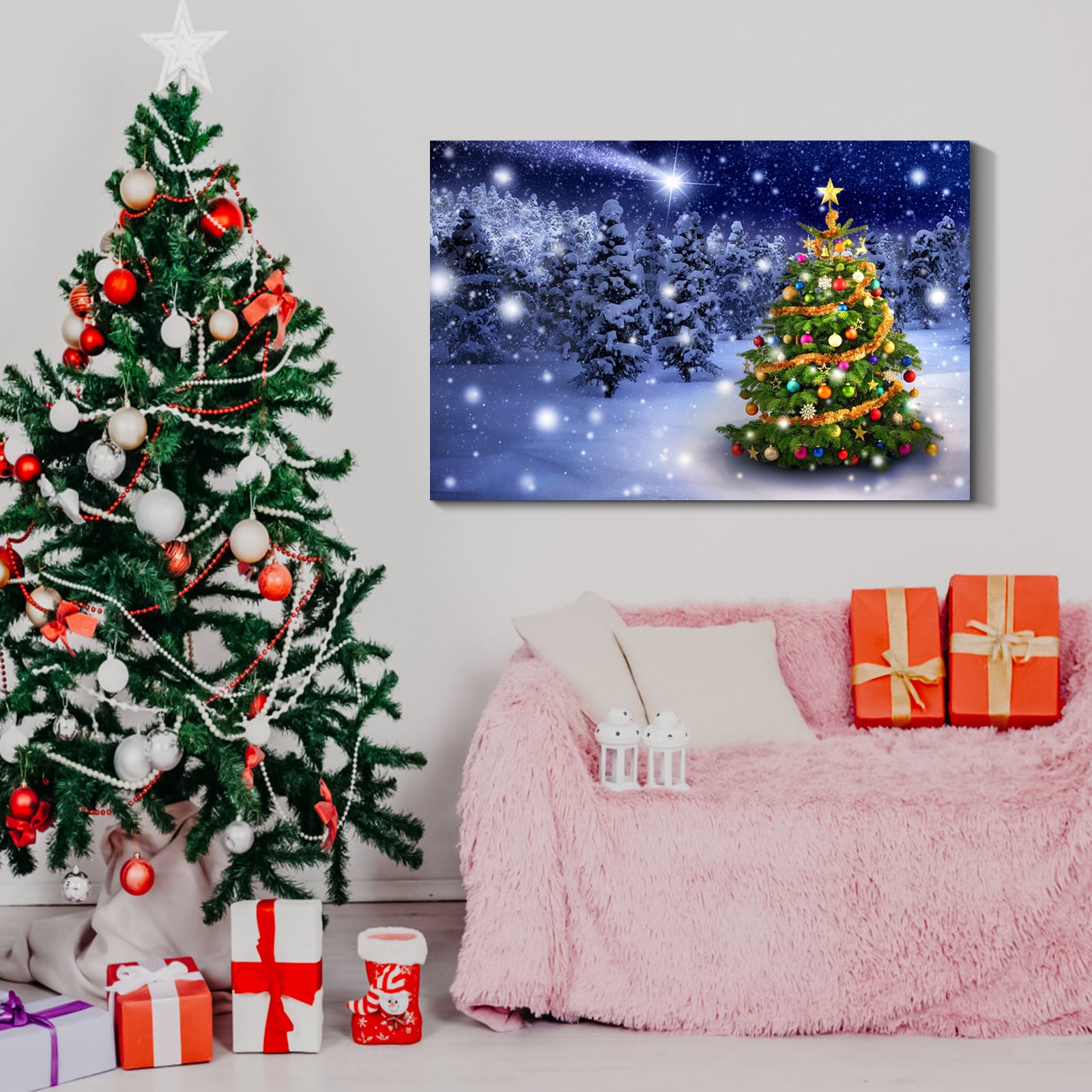 Canvas Wall Art Christmas Tree in Forest Painting 18""x 12""