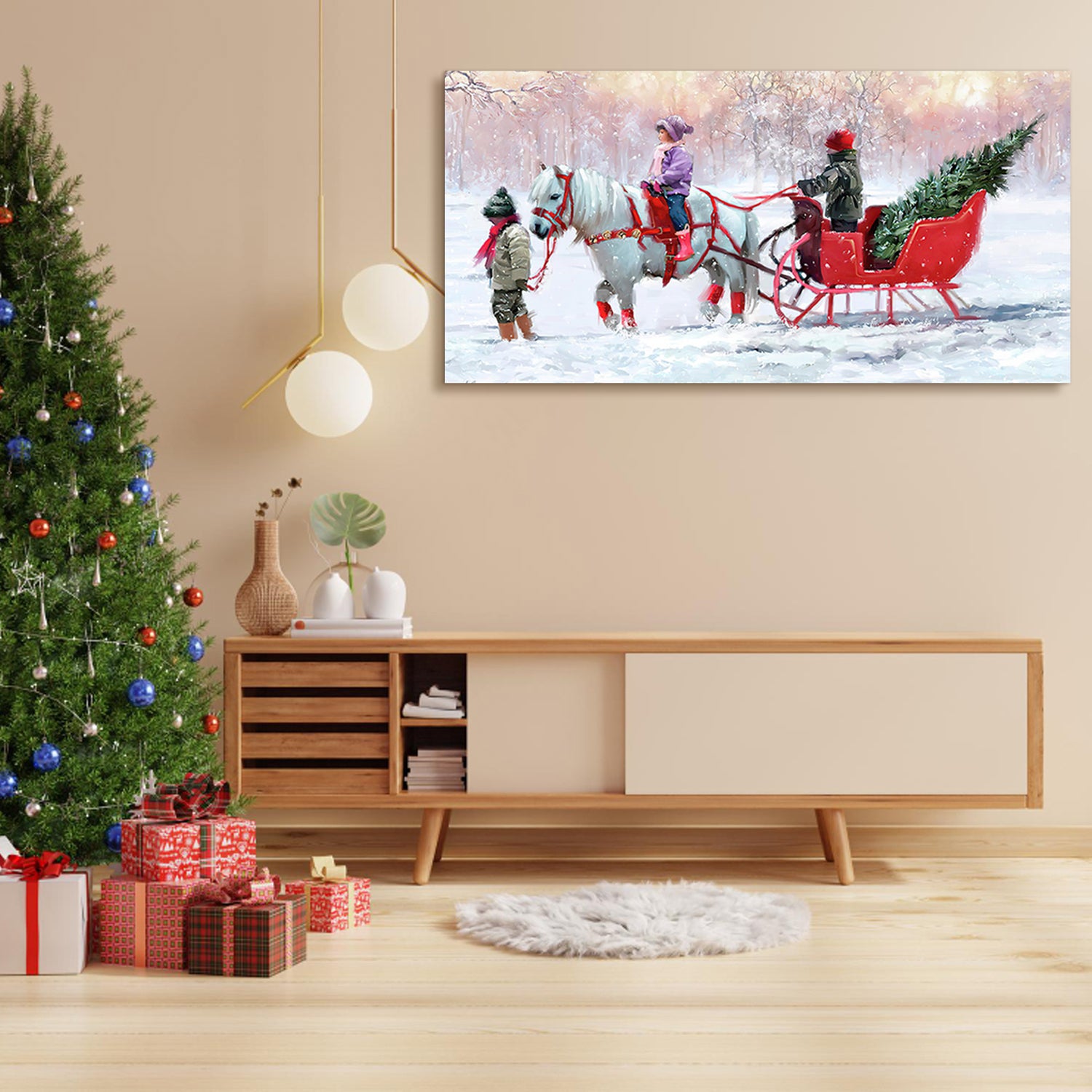 Framed Canvas Wall Art Kids Riding White Horse Sled