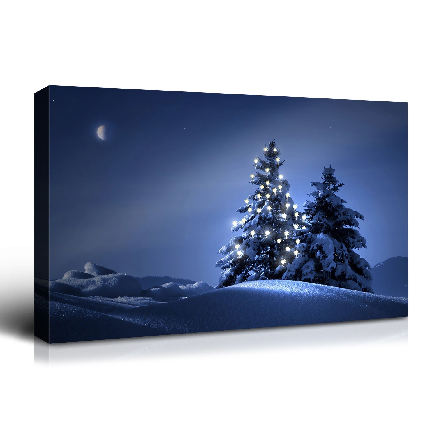 Framed Canvas Wall Art Lighted Pine Tree at Night  Christmas  Painting