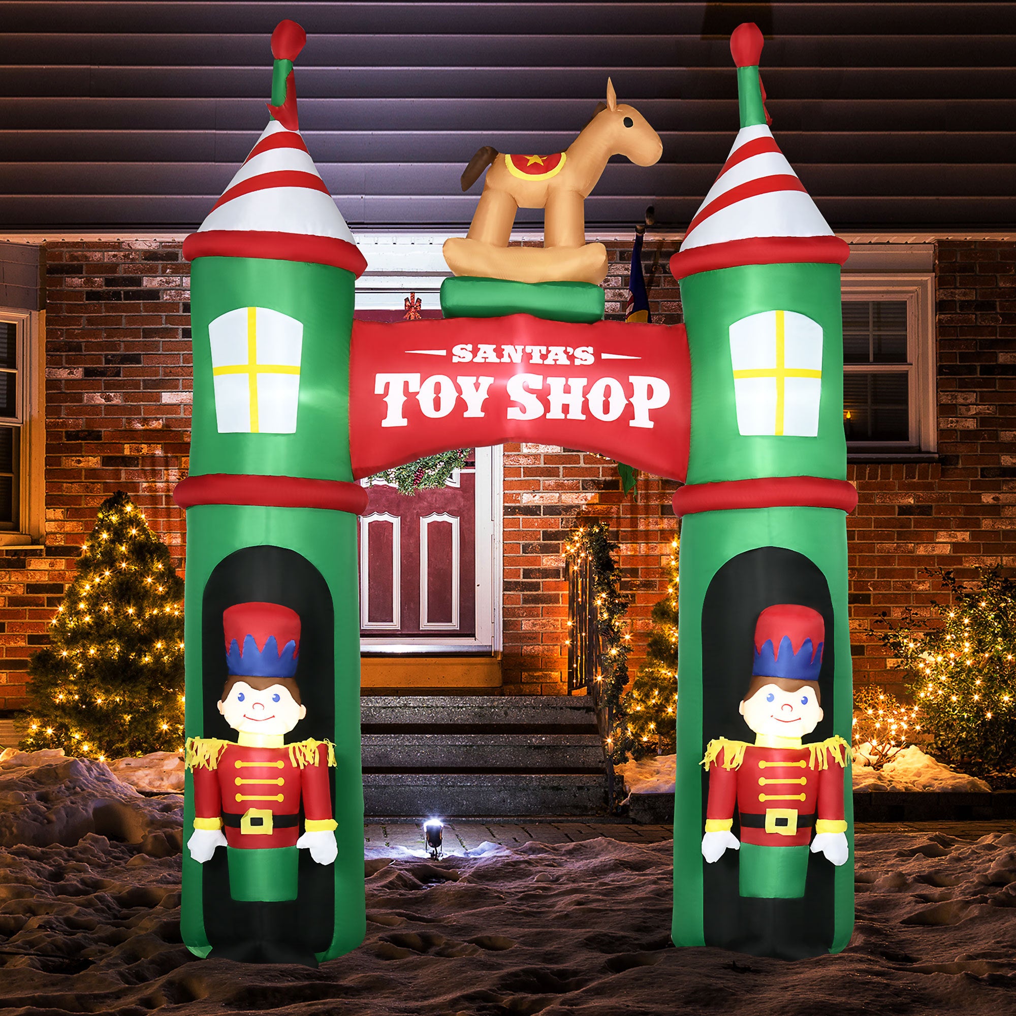 11.5ft Christmas Inflatables Outdoor  Archway with 2 Nutcracker Soldiers Rocking Horse, Blow-Up LED Yard  Decor