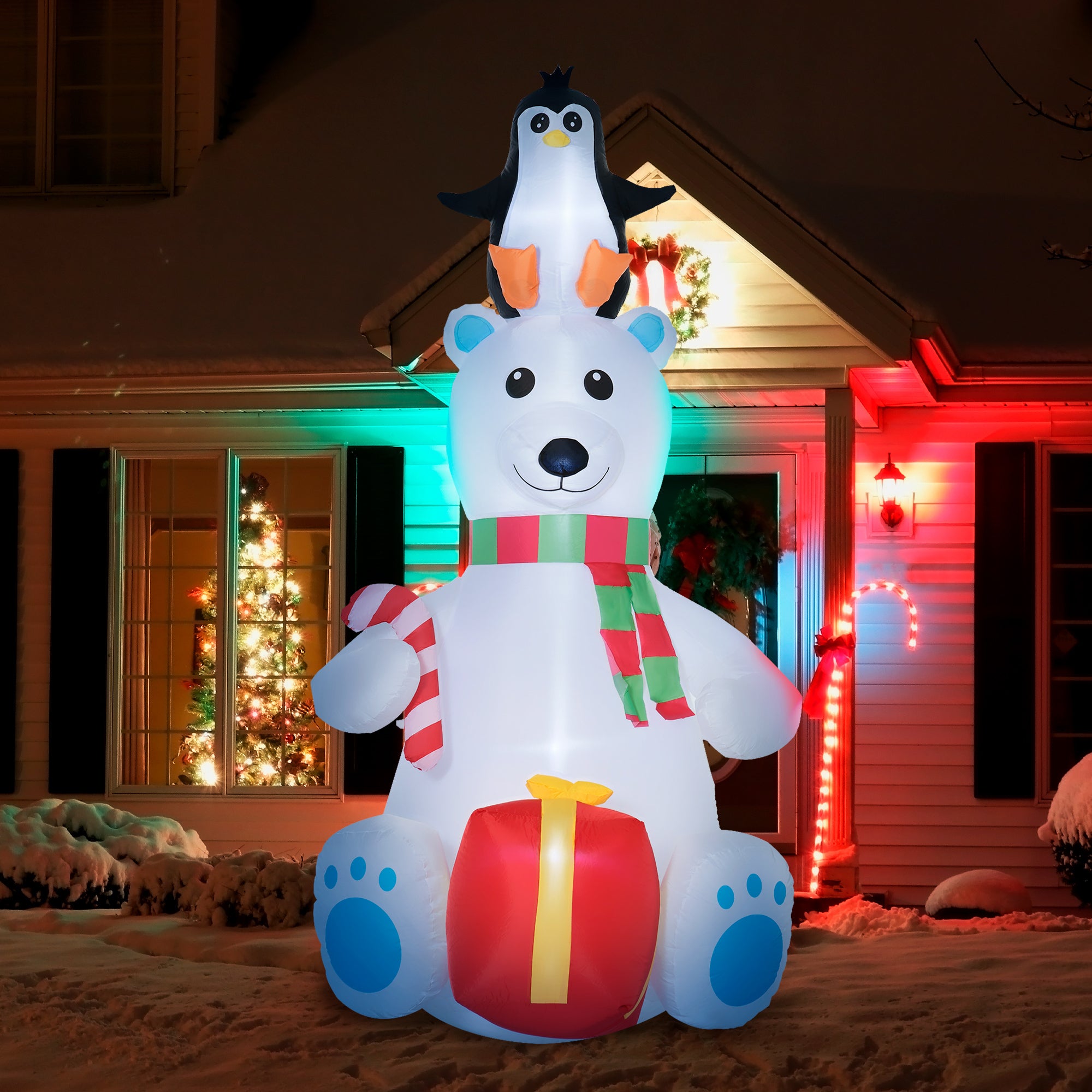 7ft Christmas Inflatables Outdoor Polar Bear with Penguin on Head with Candy Cane and Gift Box, Blow-Up LED Yard  Decor