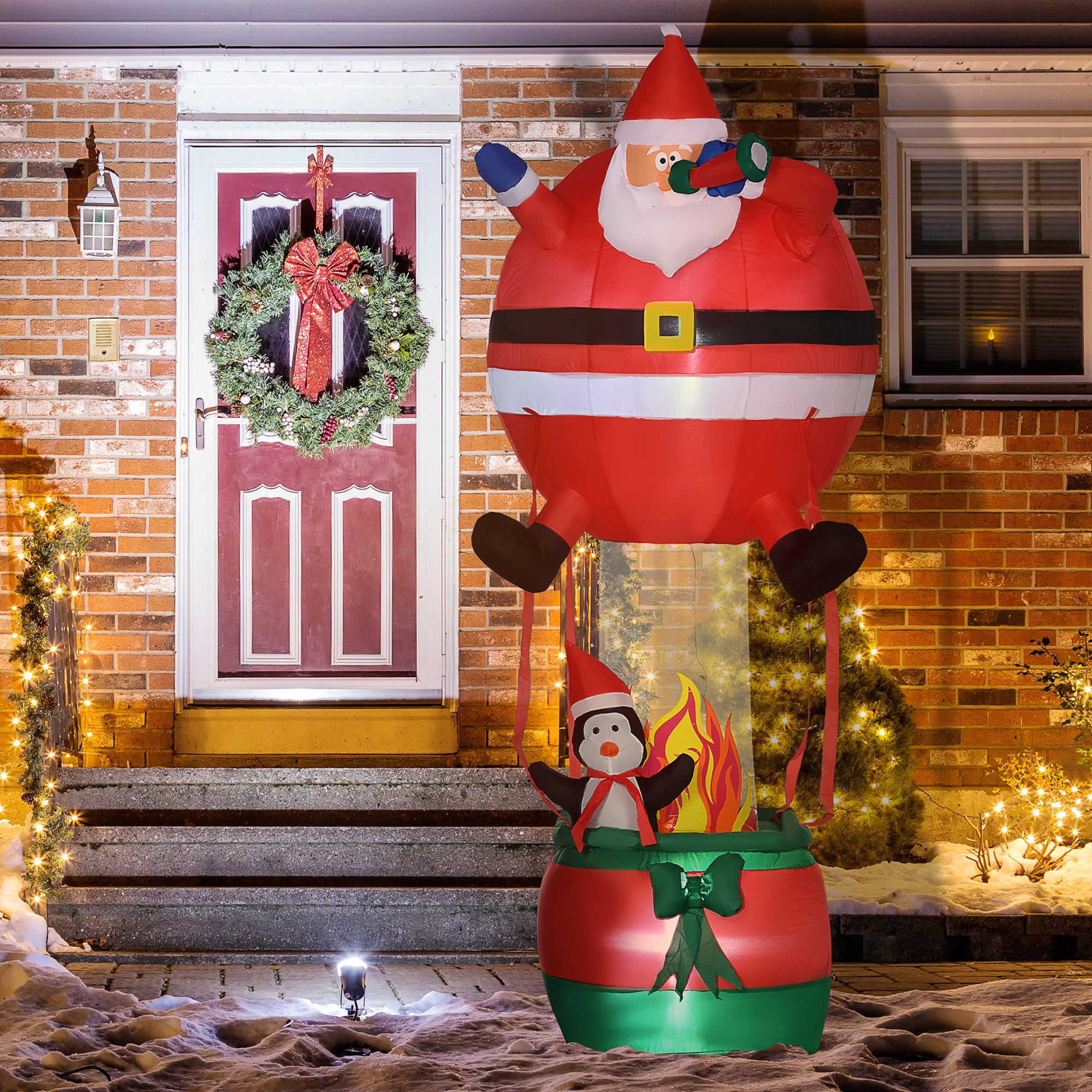 8ft Christmas Inflatables Outdoor  Santa Claus Hot Air Balloon with Penguin, Blow-Up LED