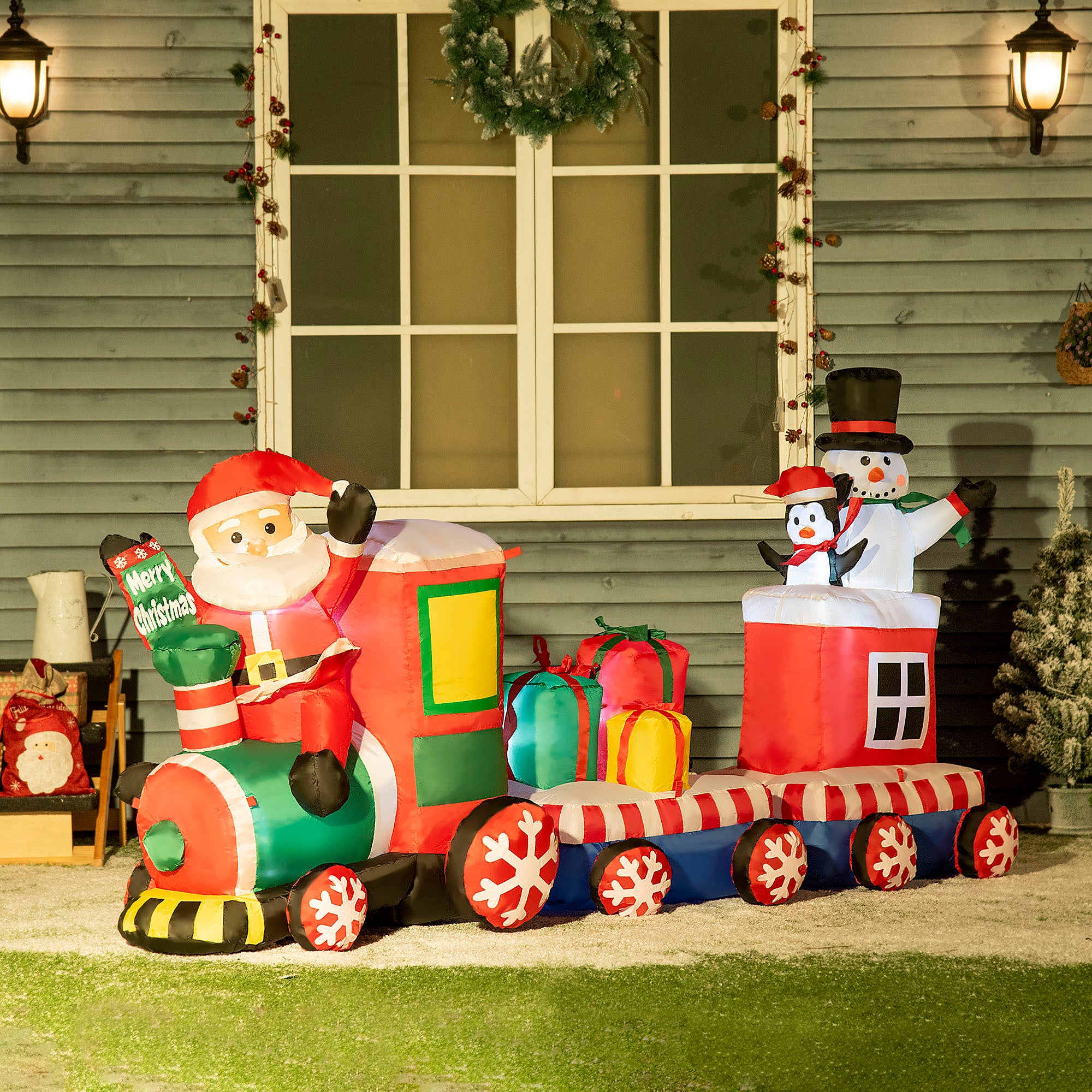 8ft Christmas Inflatable Train with Santa Claus, Snowman, Penguin and Gift Boxes, Blow-Up LED Yard  Decor