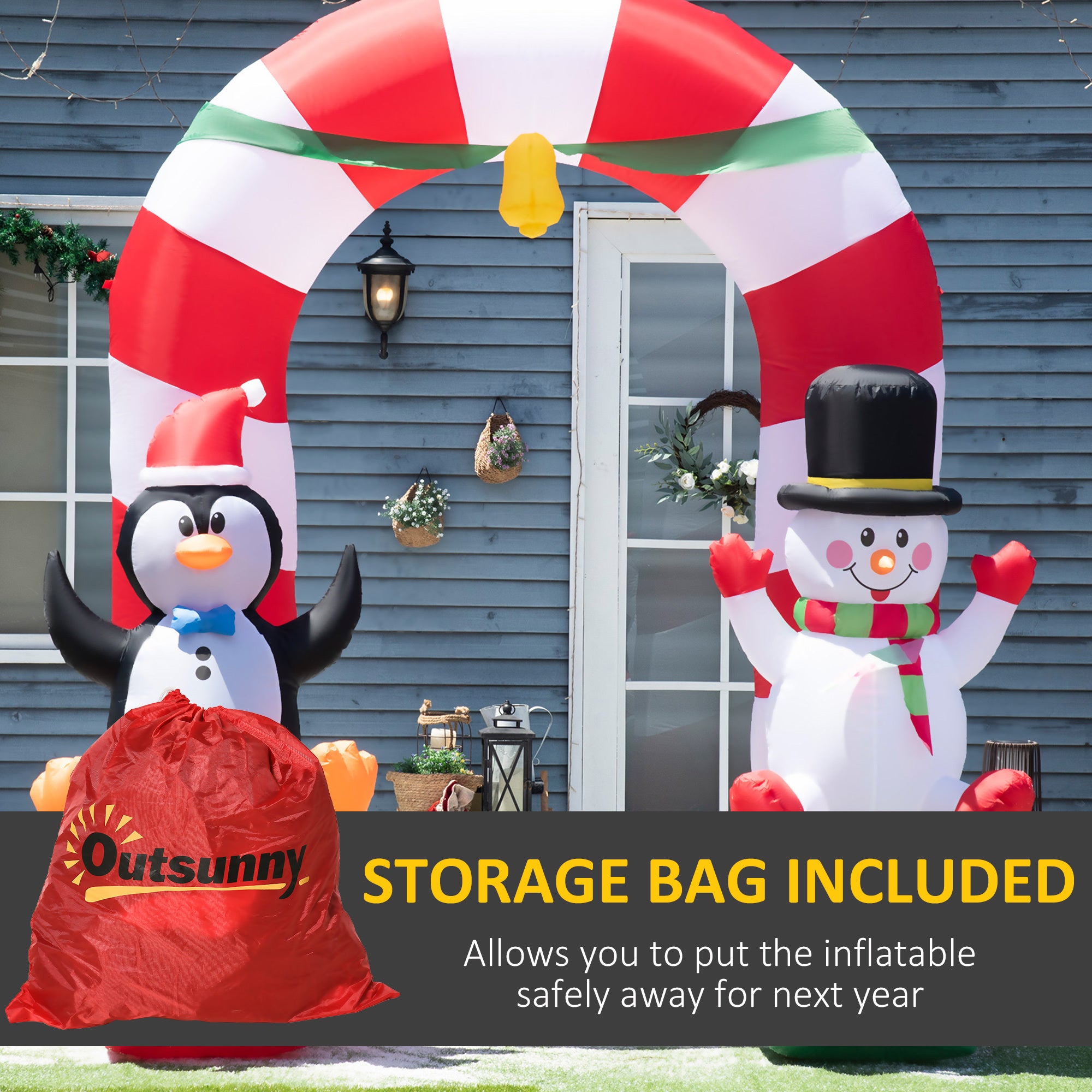 9ft Christmas Inflatable- Candy Cane Archway with Penguin Snowman Sit on Gift Box, Blow-Up LED Yard  Decor