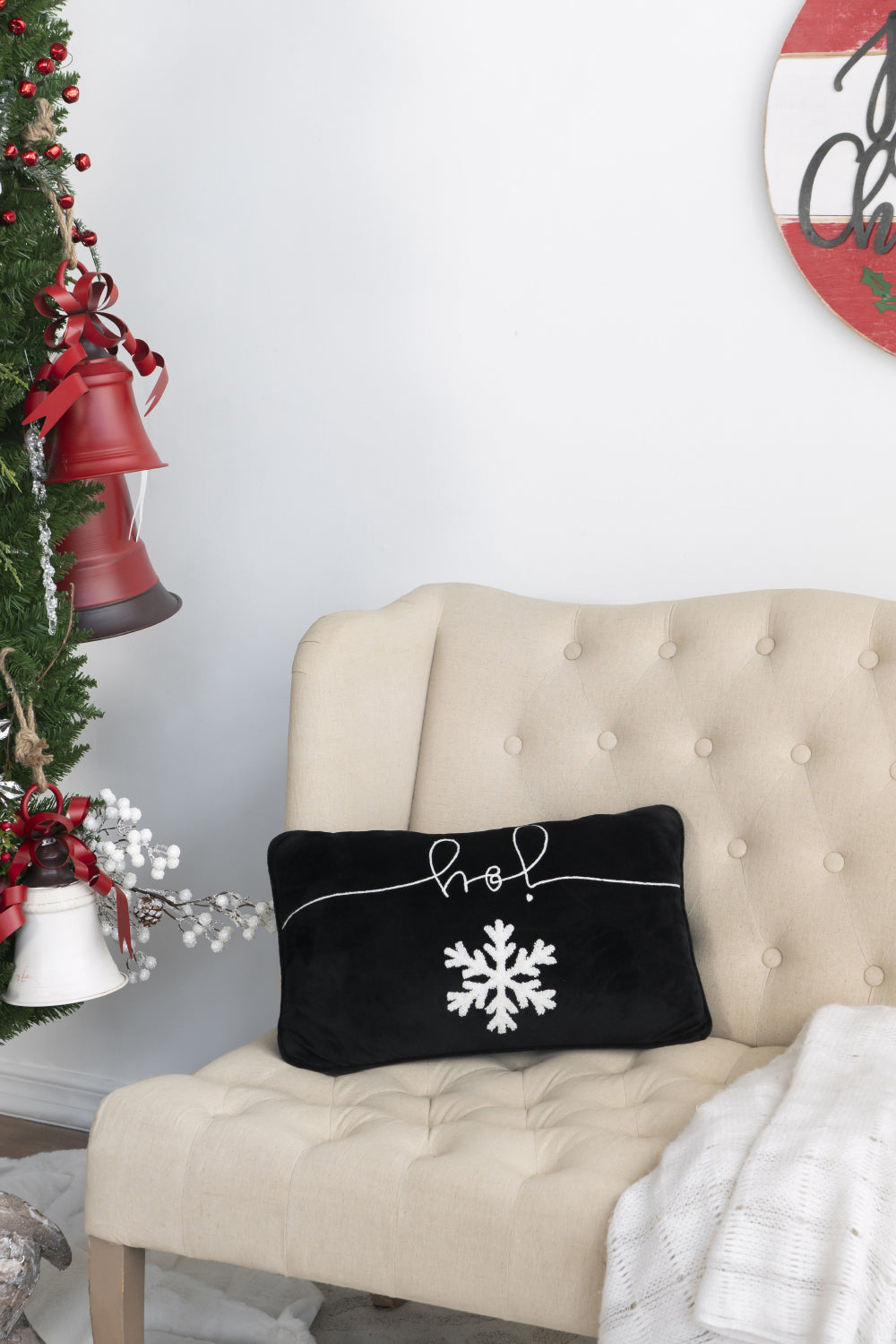 Black Velvet Pillow With Embroidered Joy And Frosty Snowflake  Set of 2, 18x12""