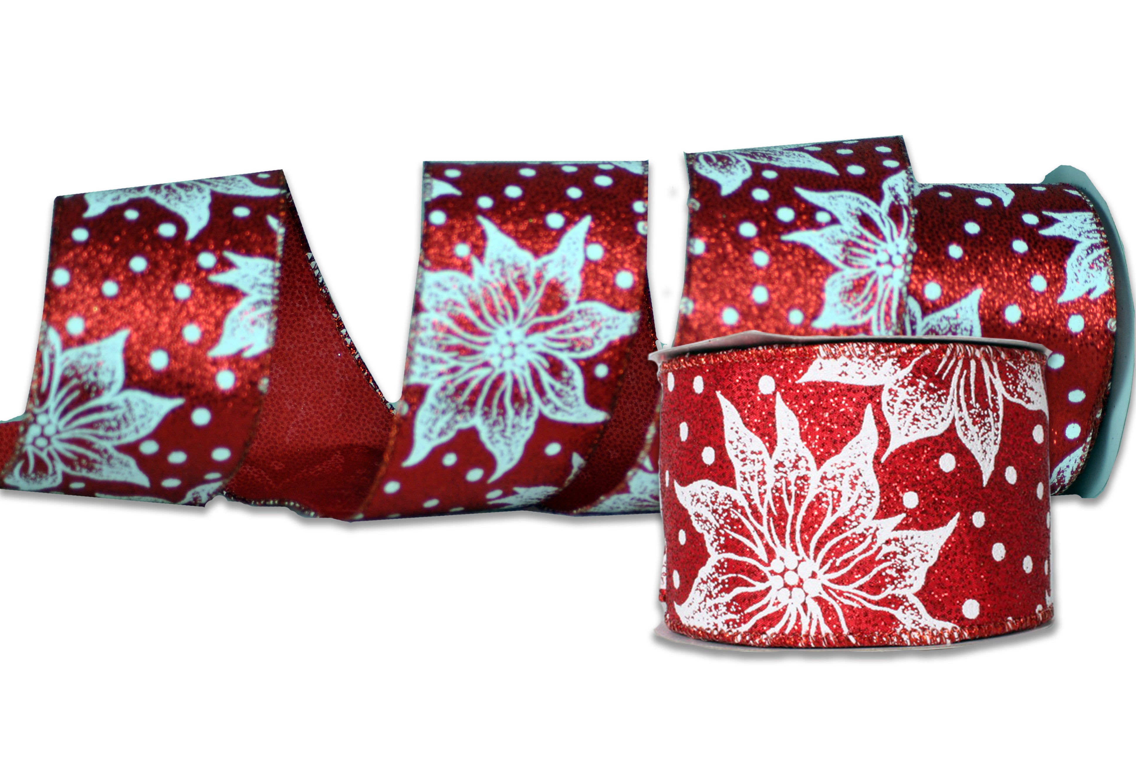 2 Pack of 30"" Red Ribbon with White Poinsettia Designs and Glitter Enhancements