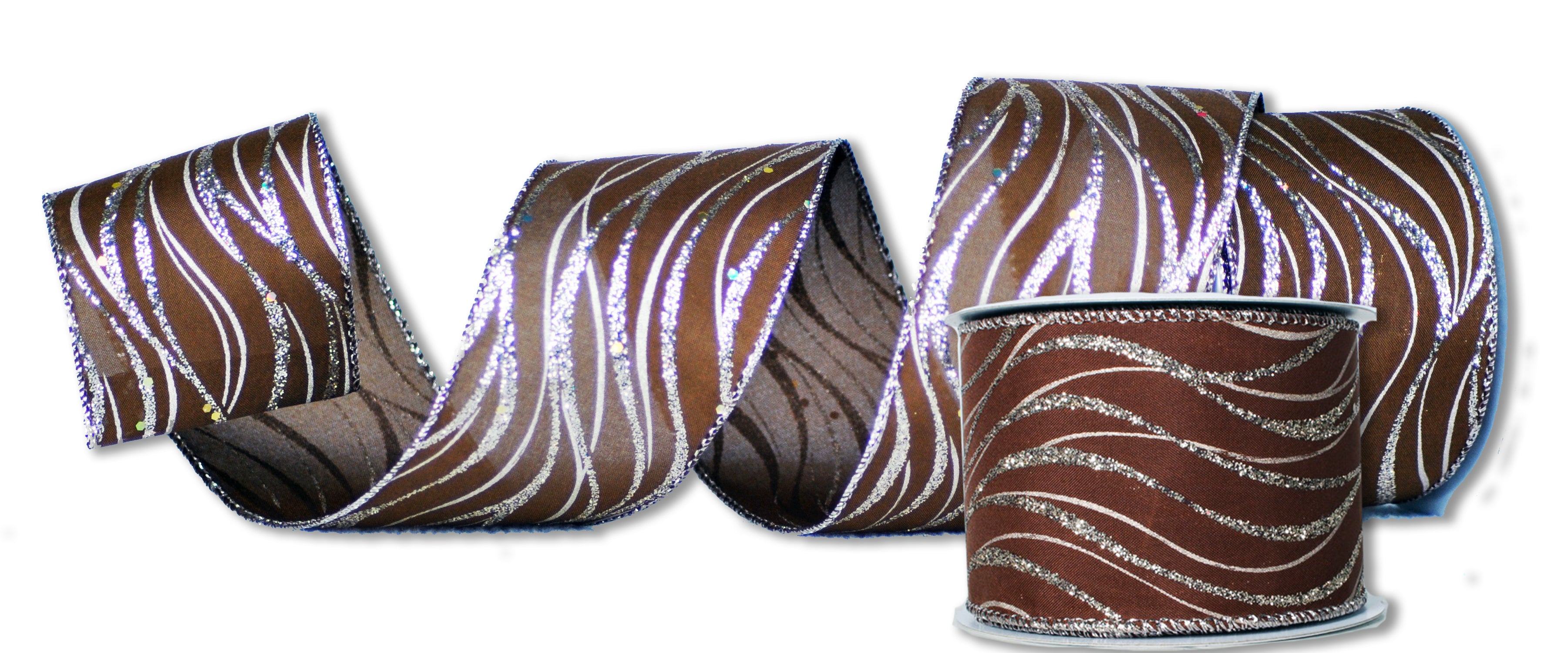 2 Pack of 30' Brown Ribbon with Silvery-Gold Glitter Lines