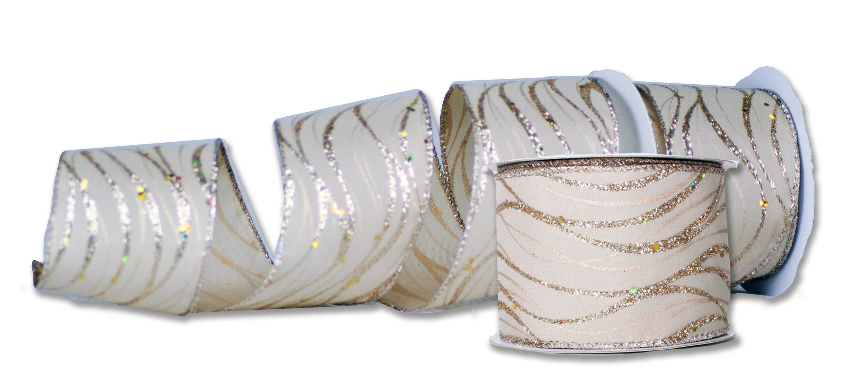 2 Pack of 30' Champagne Ribbon with Gold Glitter Lines