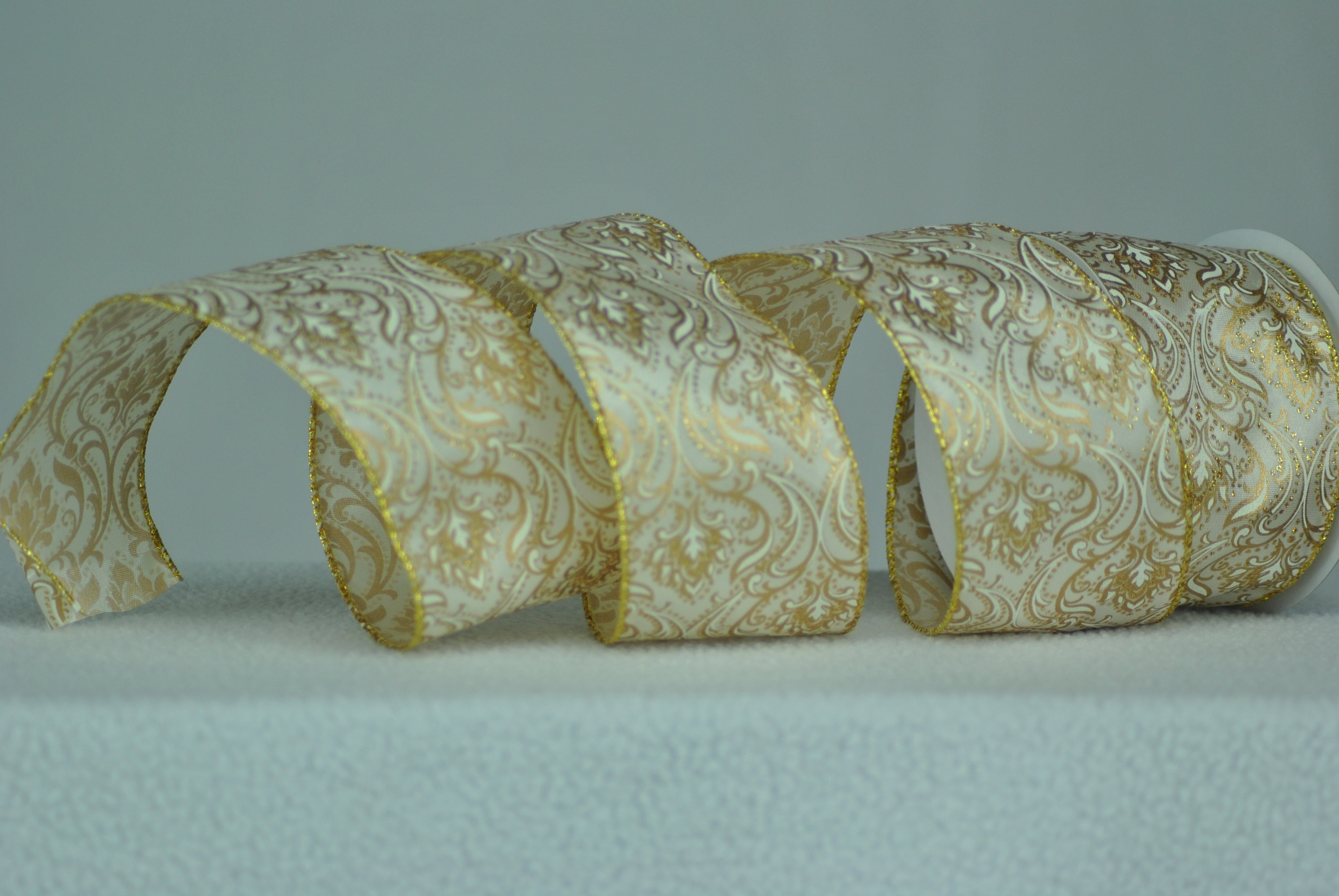 2 Pack of 30' Cream Ribbon with Gold Glitter Design and Enhancements