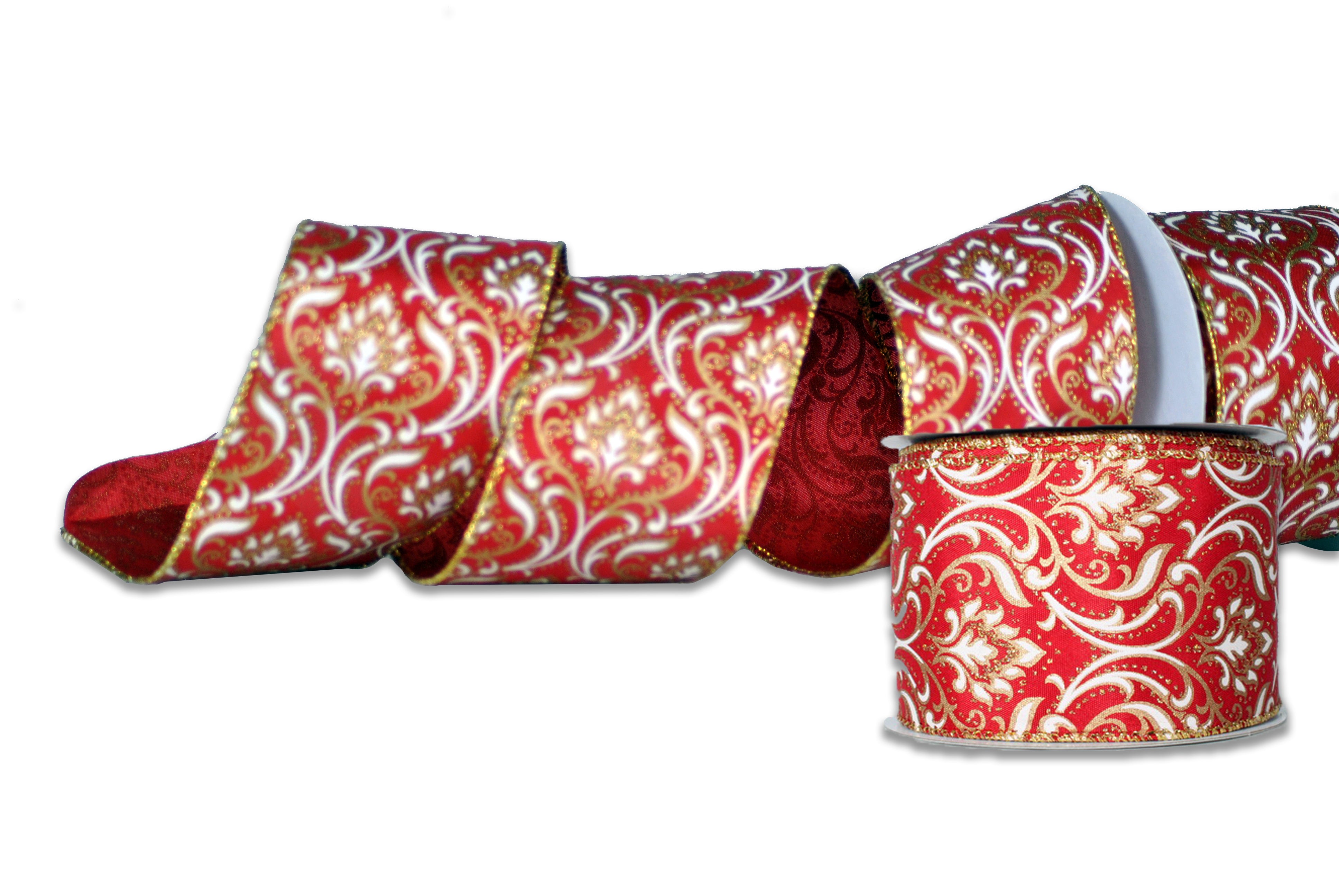 2 Pack of 30' Red Ribbon with Gold Design and Glitter Enhancements