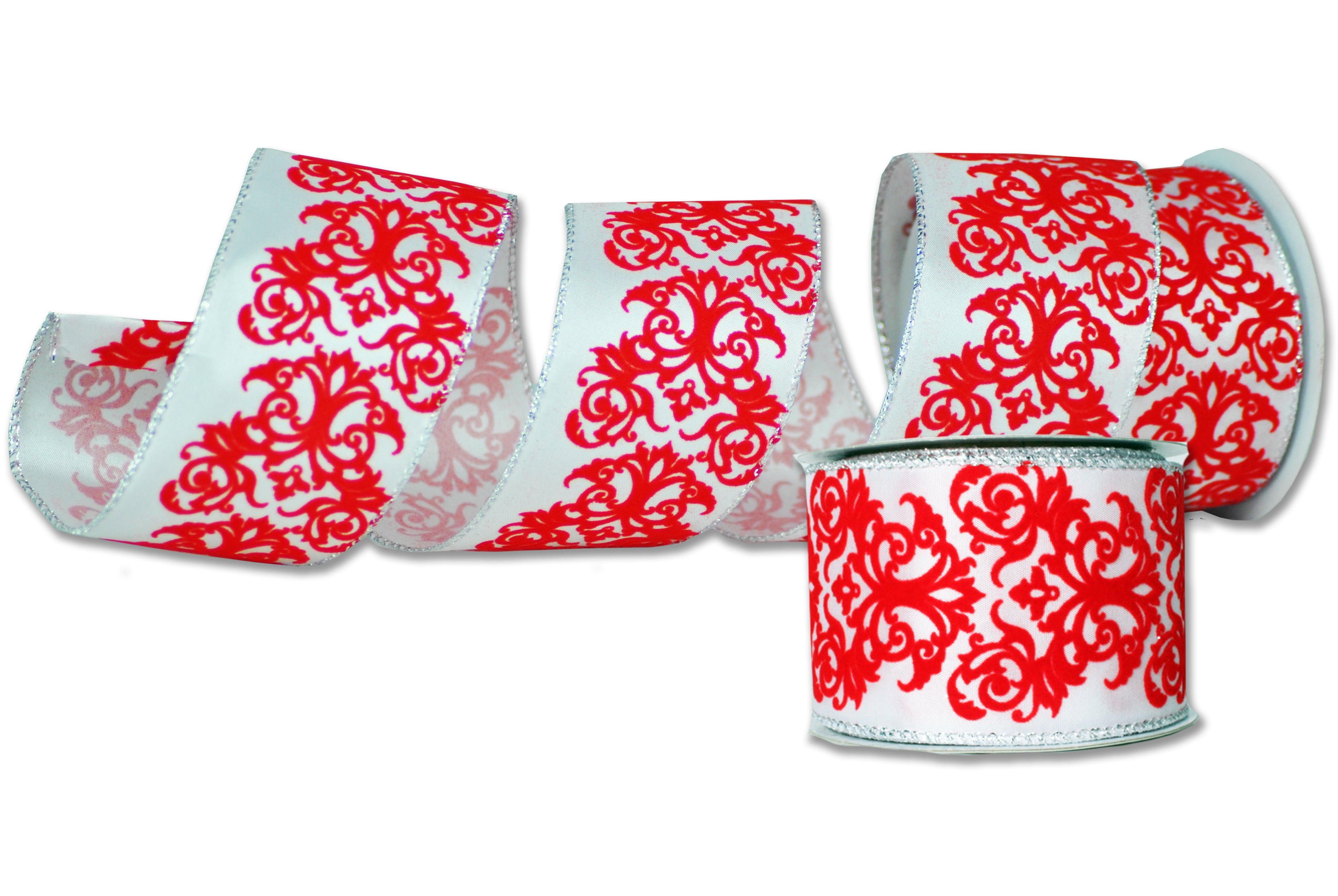 2 Pack of 30' White Ribbon with Red Velvet Designs