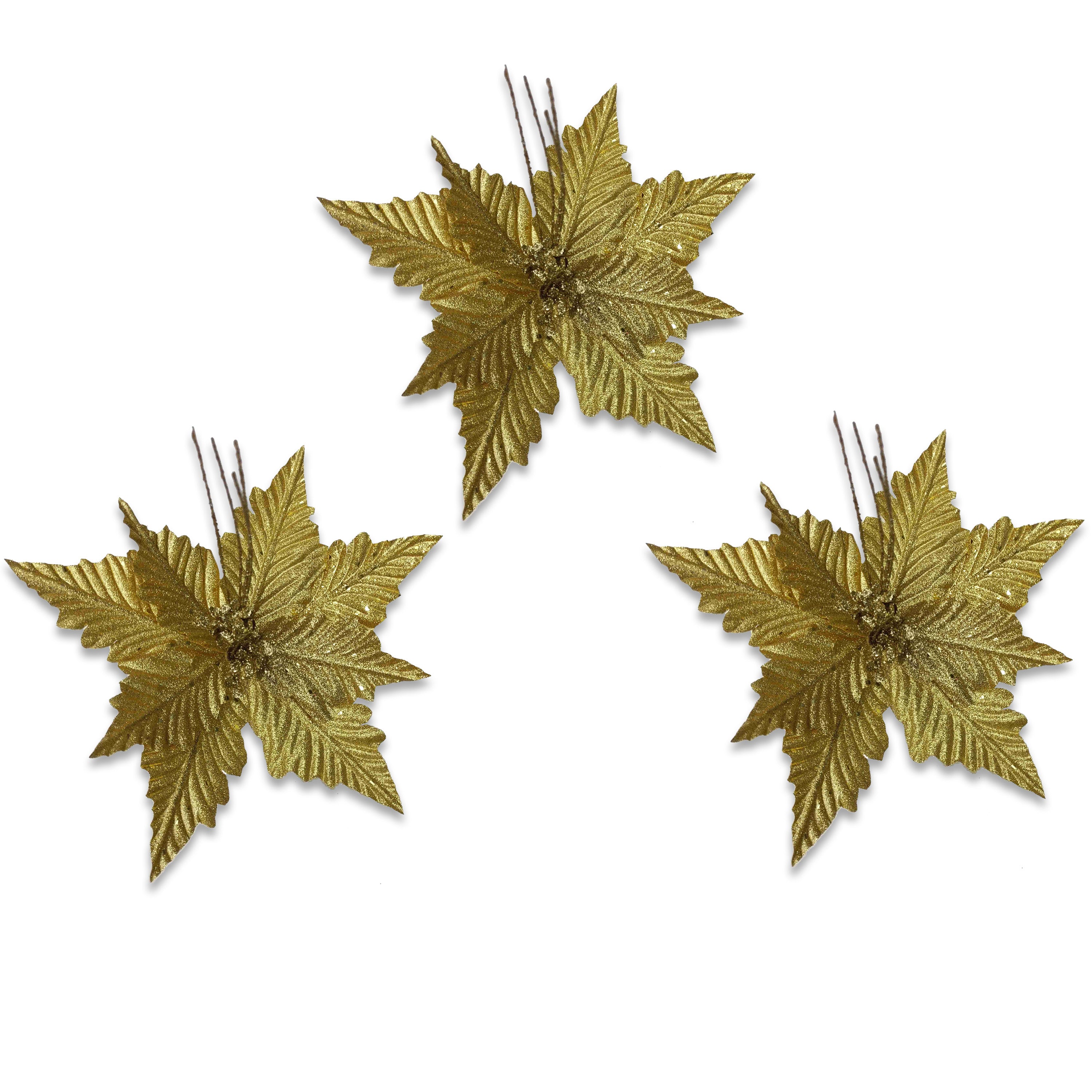 3 Pack of Gold Poinsettia Picks