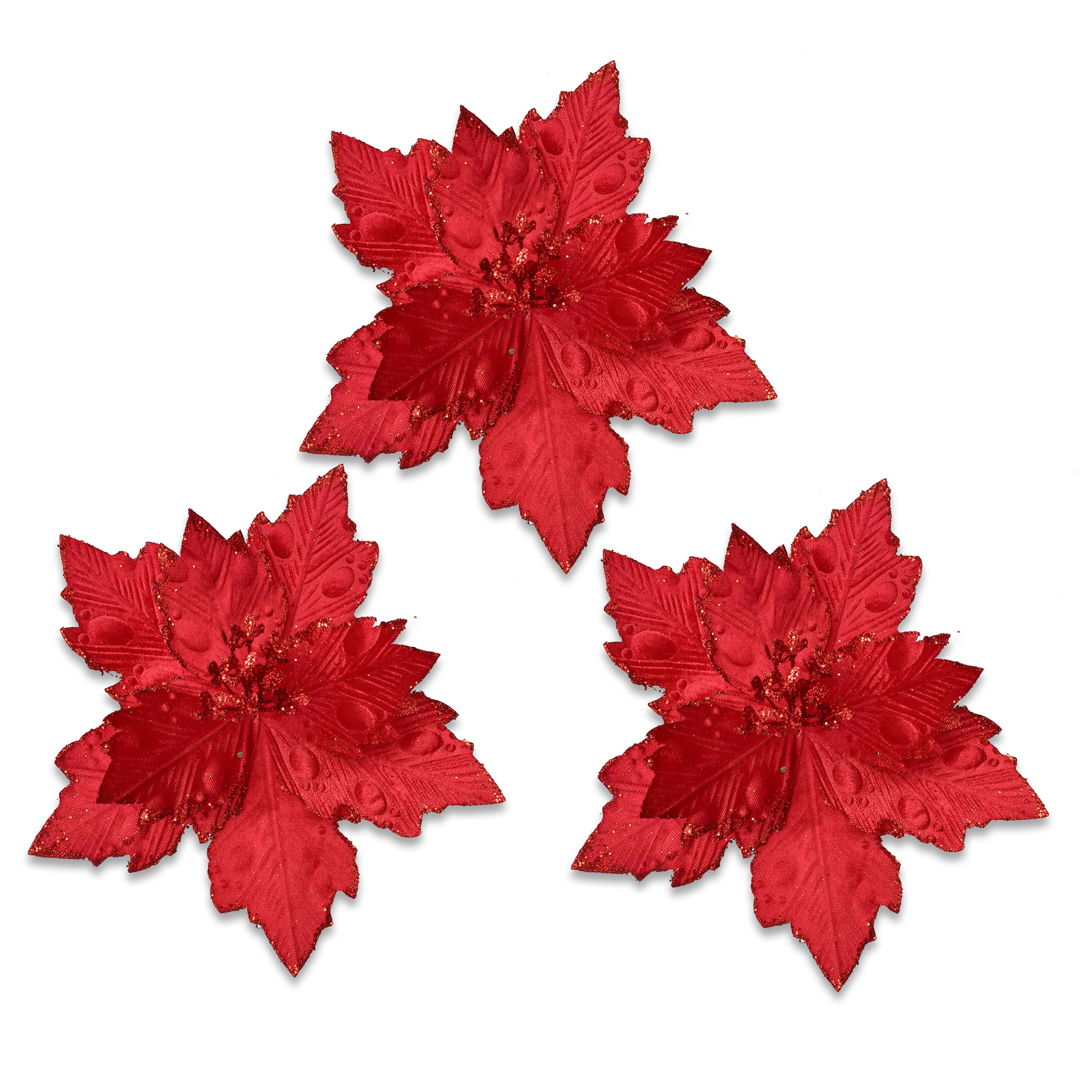 3 Pack of Red Poinsettia Picks with Glitter Centers