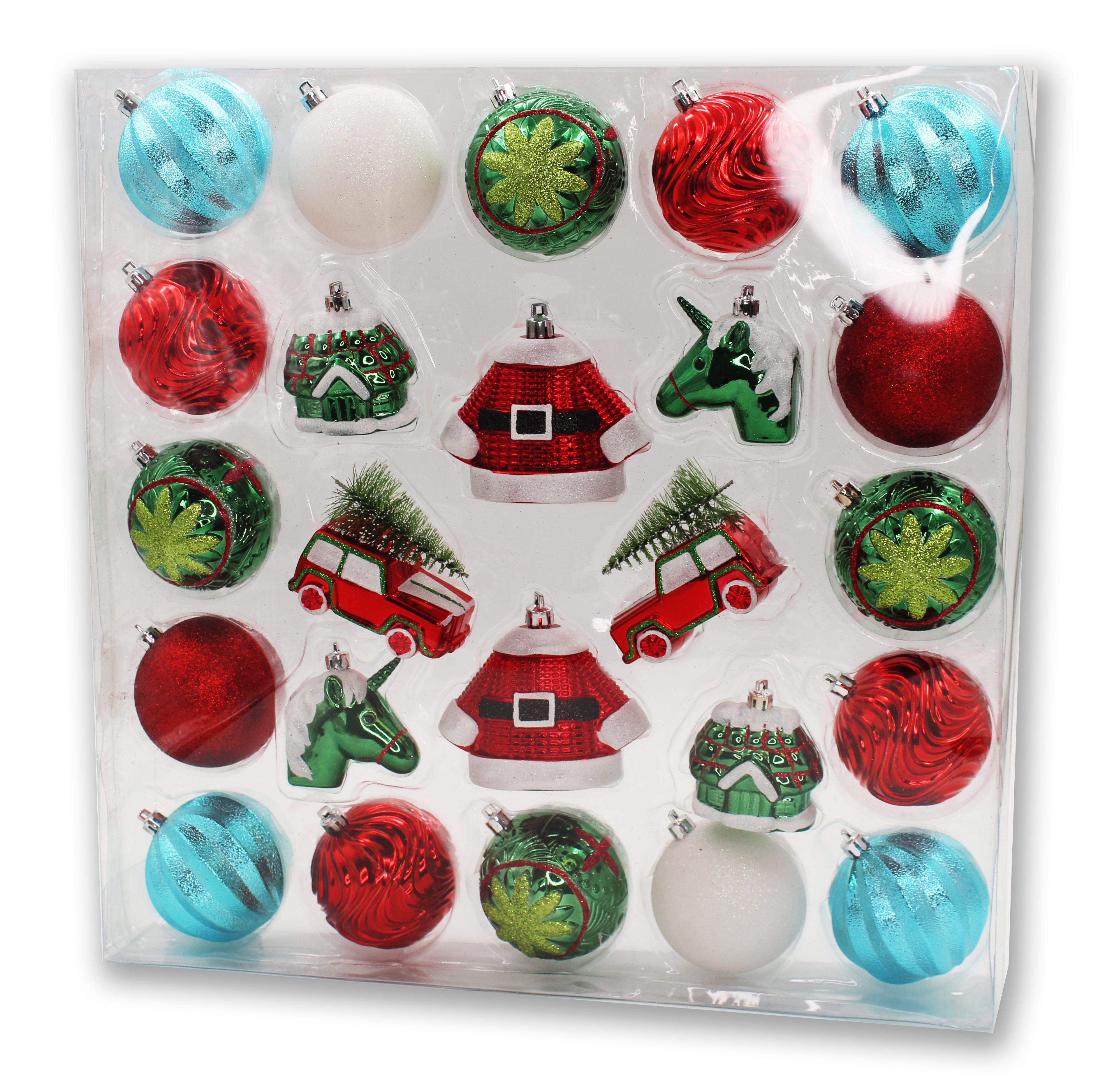 24 Pack Red, Blue, Green and White Assorted Ornaments