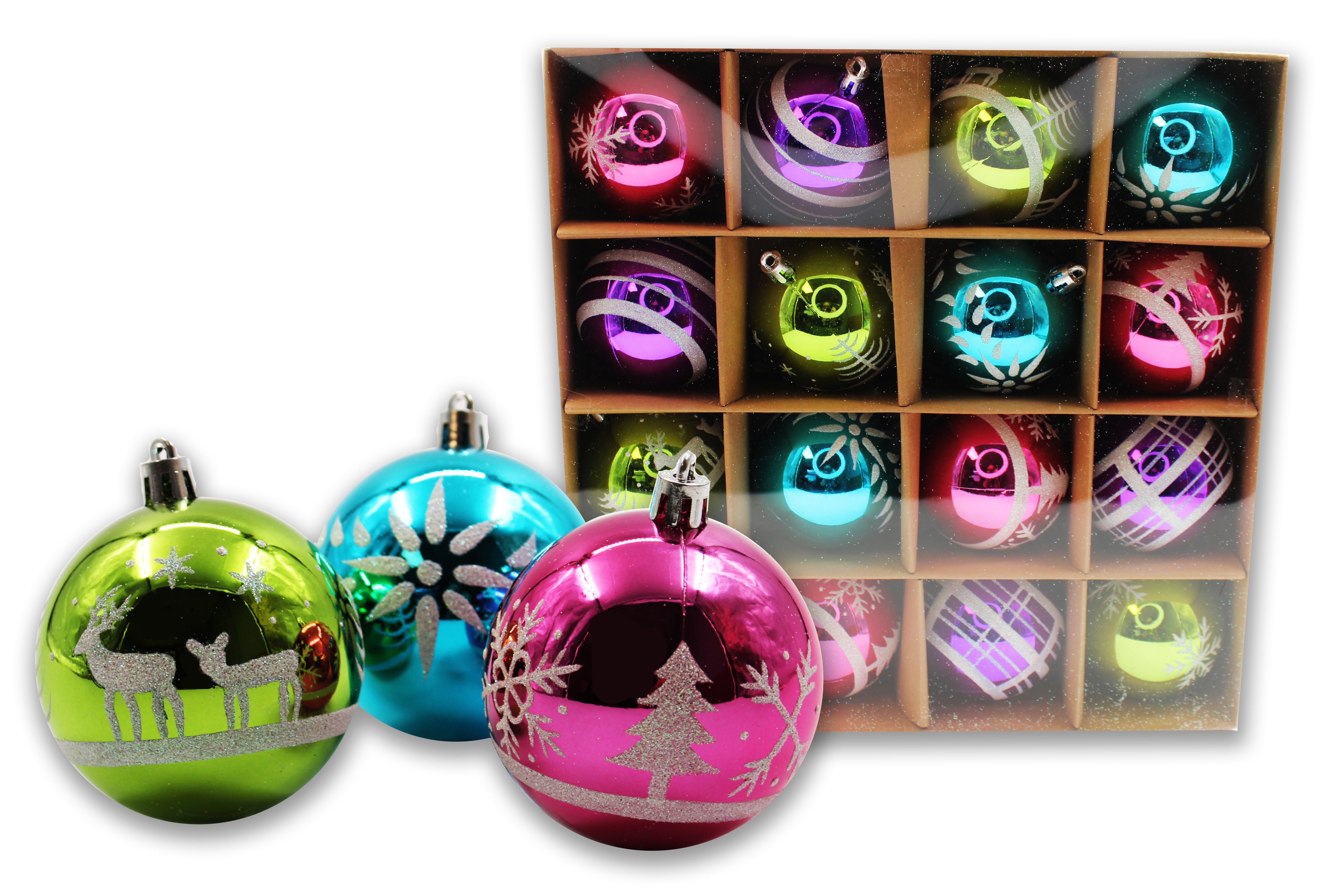 16 Pack Lime Green, Hot Pink, Purple and Aqua Assorted Ball Ornaments