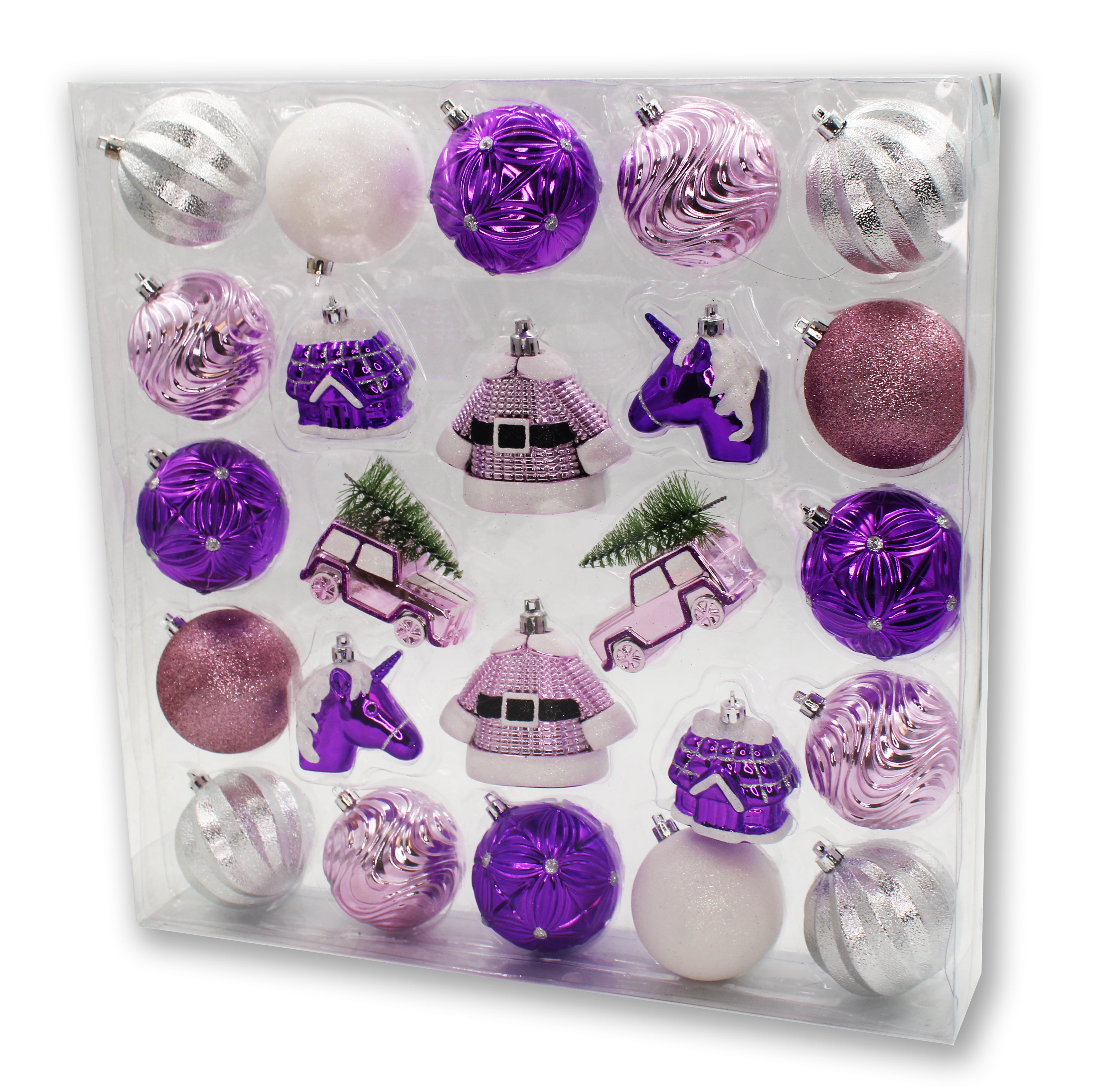 24 Pink, Purple, Silver and White Assorted Ornaments