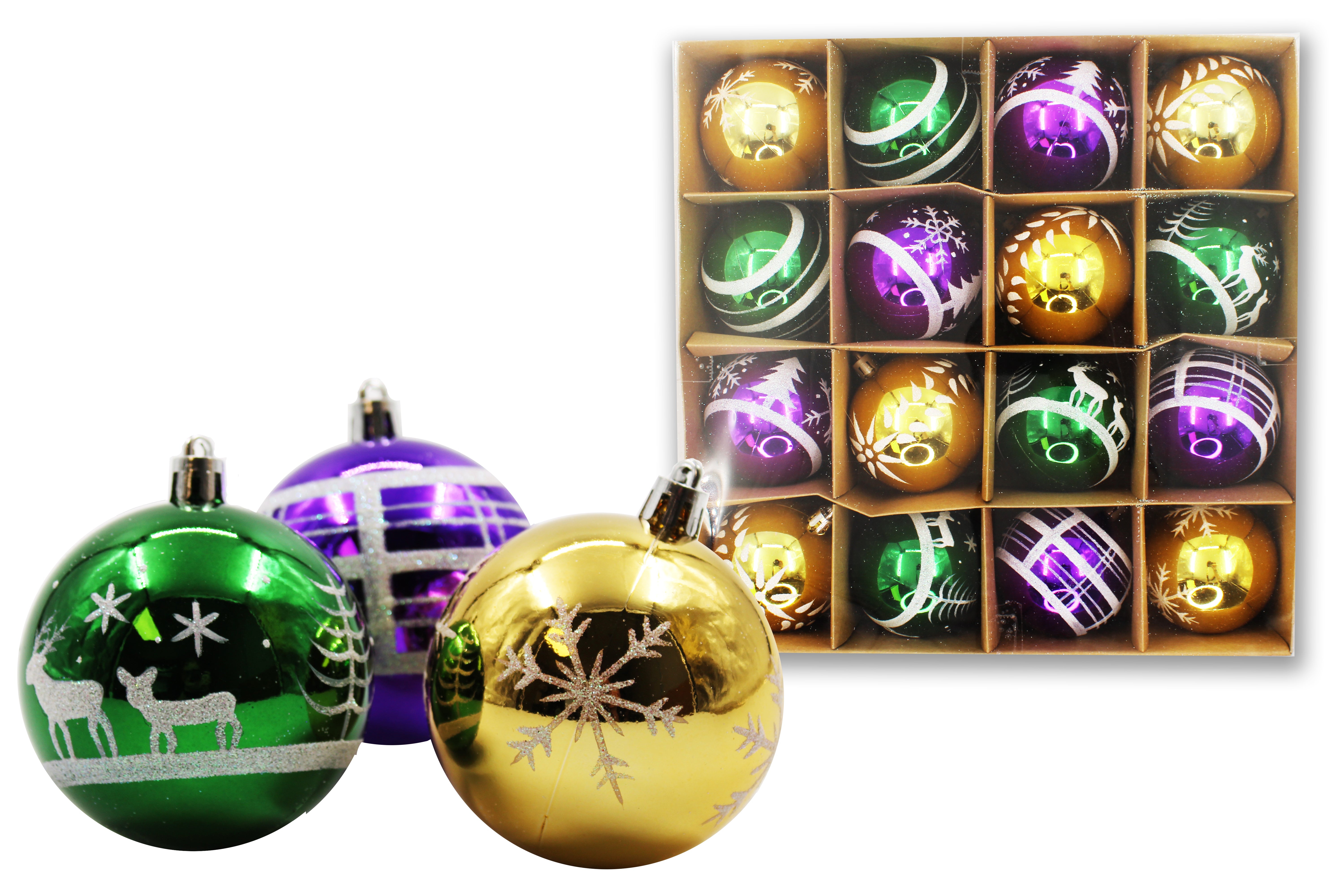 16 Pack Green, Gold and Purple Assorted Ball Ornaments