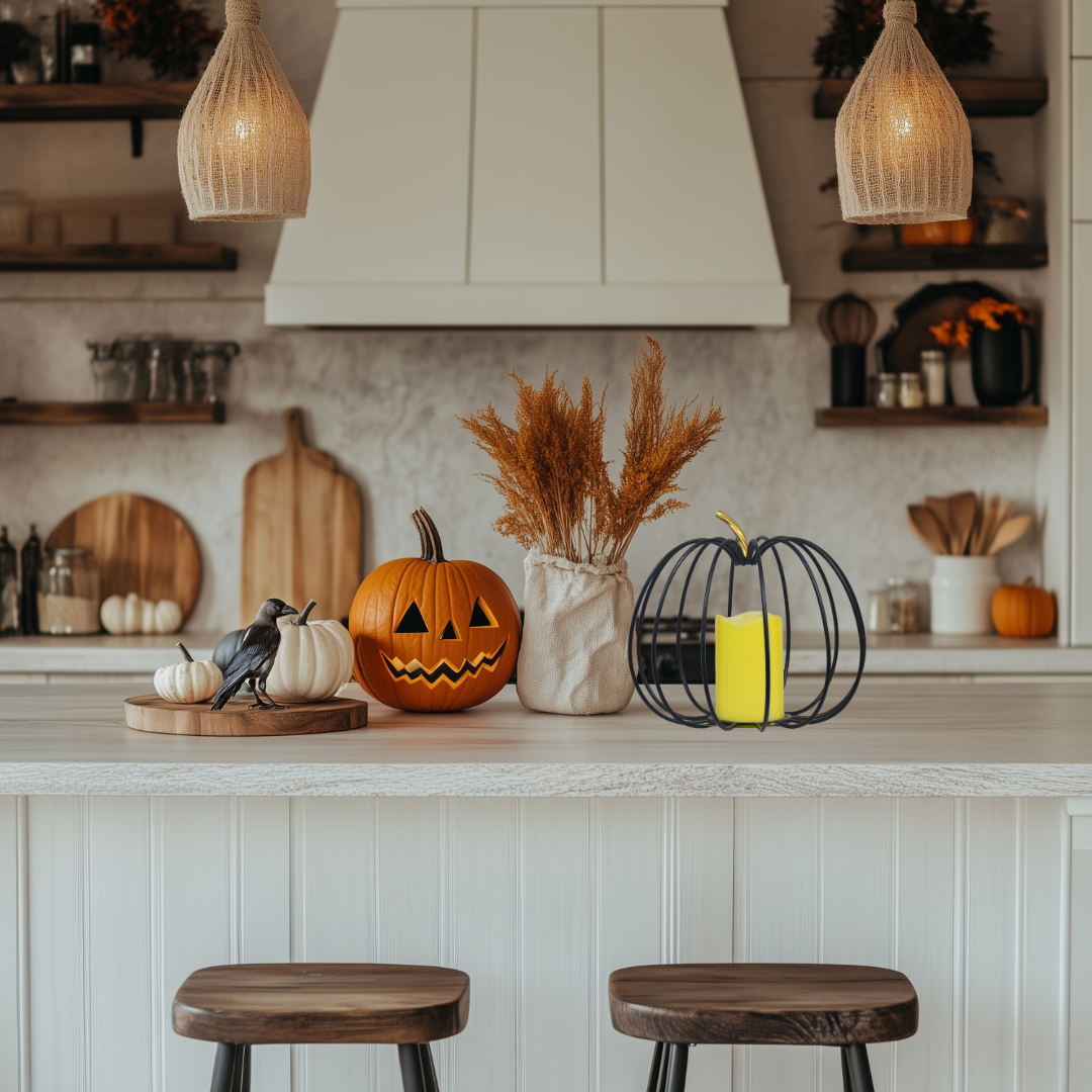 Gold and Black Pumpkin Lantern with LED Candle