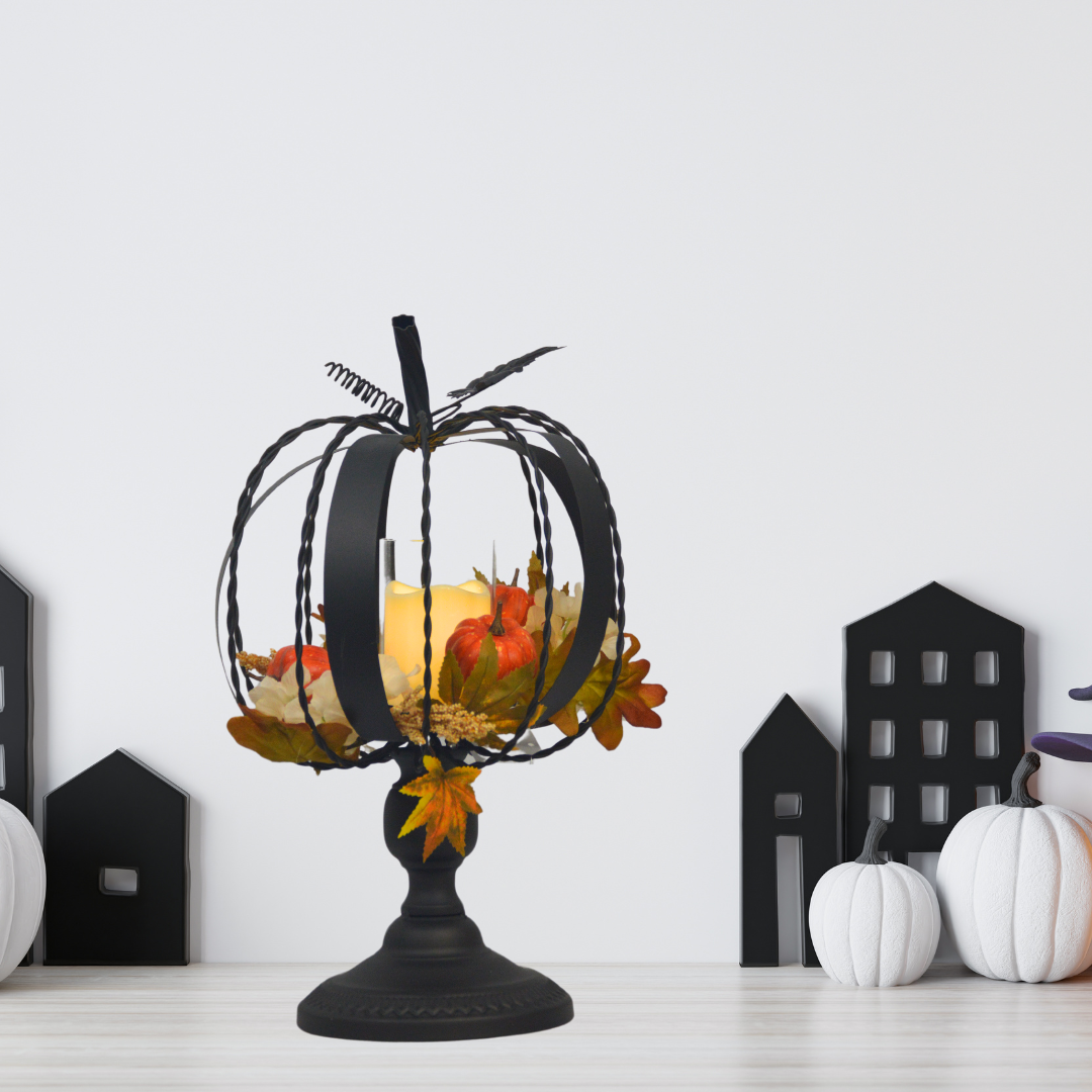 Harvest Metal Pumpkin with Floral and LED Candle