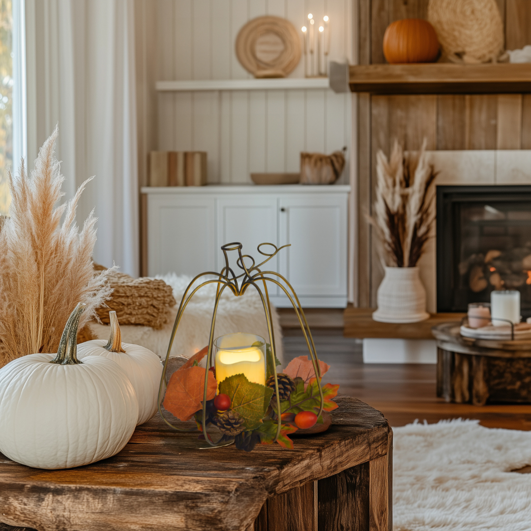 Harvest Metal Pumpkin with Leaves and LED Candle