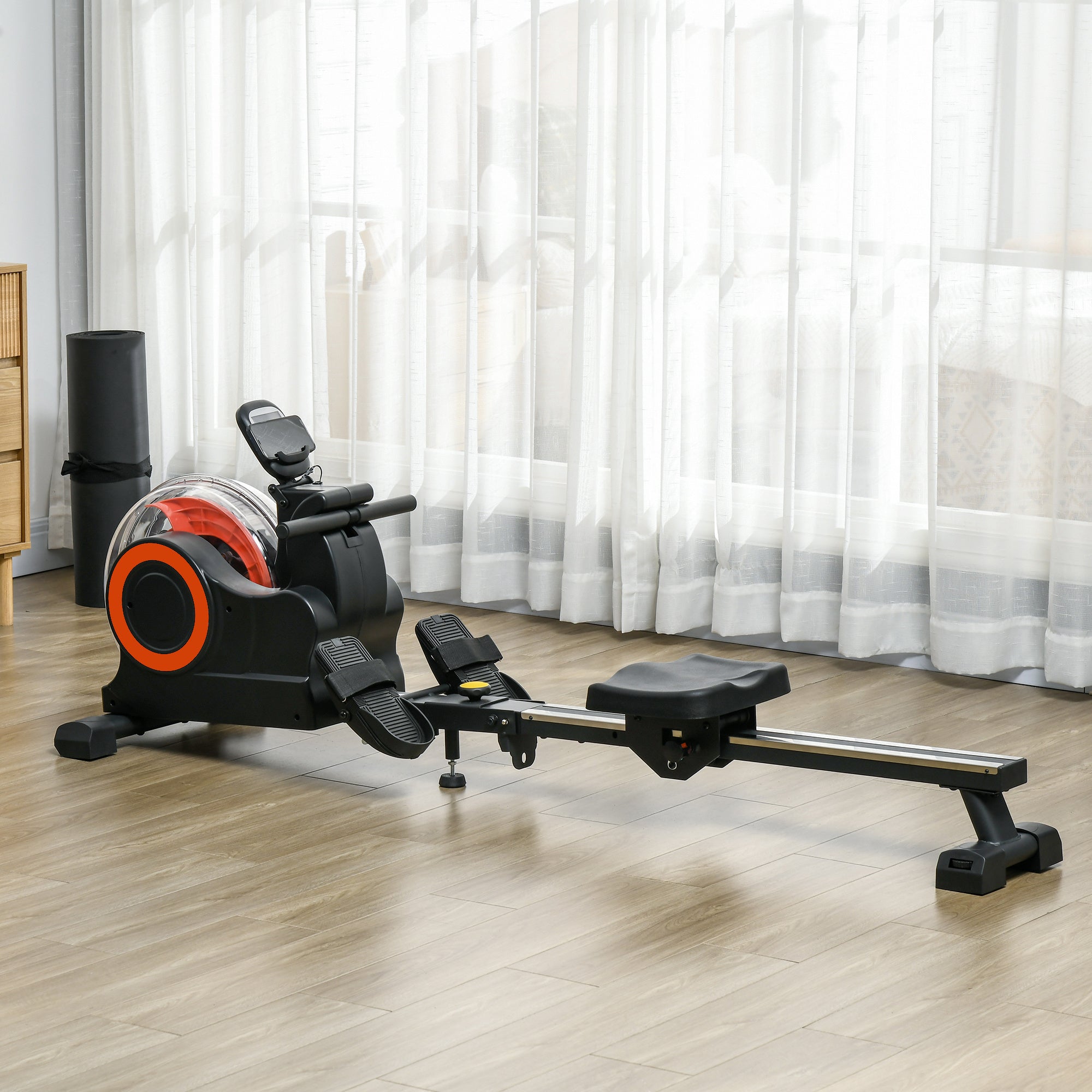 Foldable Rower Machine with Adjustable Resistance, Wheels, LCD Monitor and Tablet Holder , Red