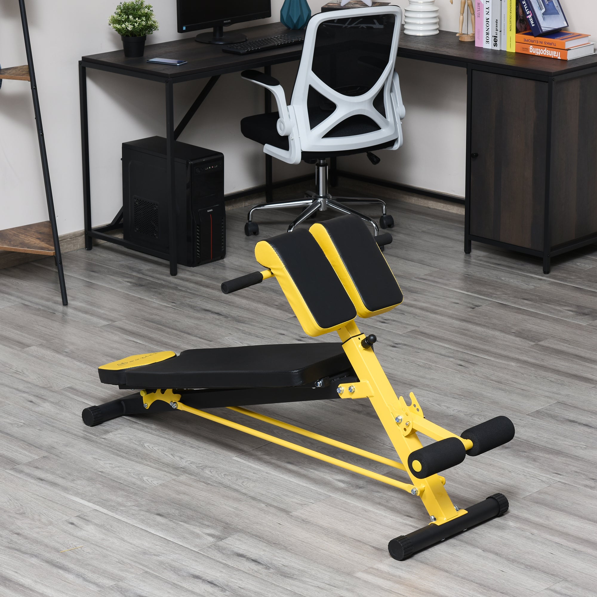 Adjustable Hyper Extension Dumbbell Weight Bench, Foam Leg Holders, Yellow