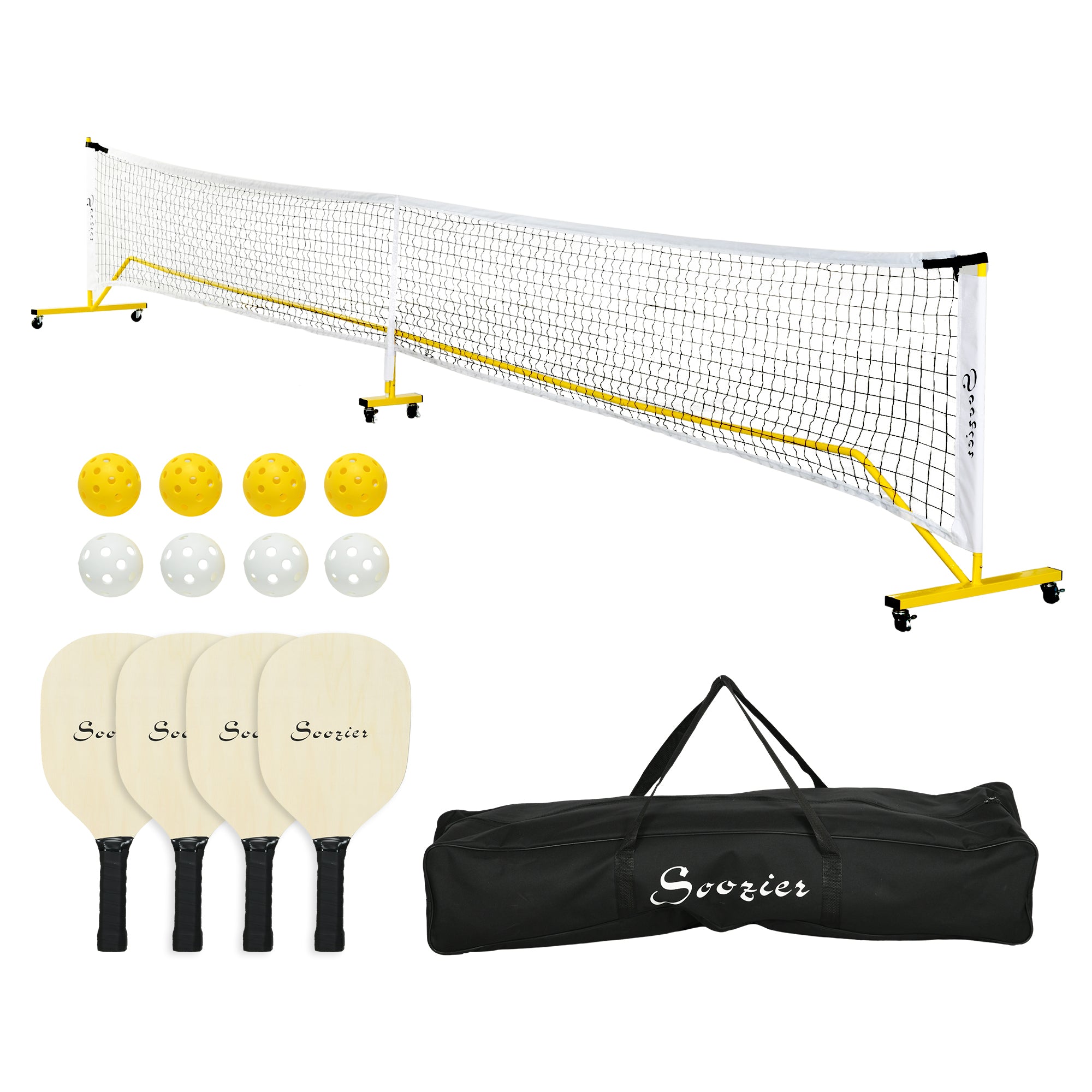 Pickleball Set with Net, Court Markers and Wheels, 22FT Portable Pickleball Net with 4 Pickleball Paddles, 8 Pickleballs and 1 Carry Bag