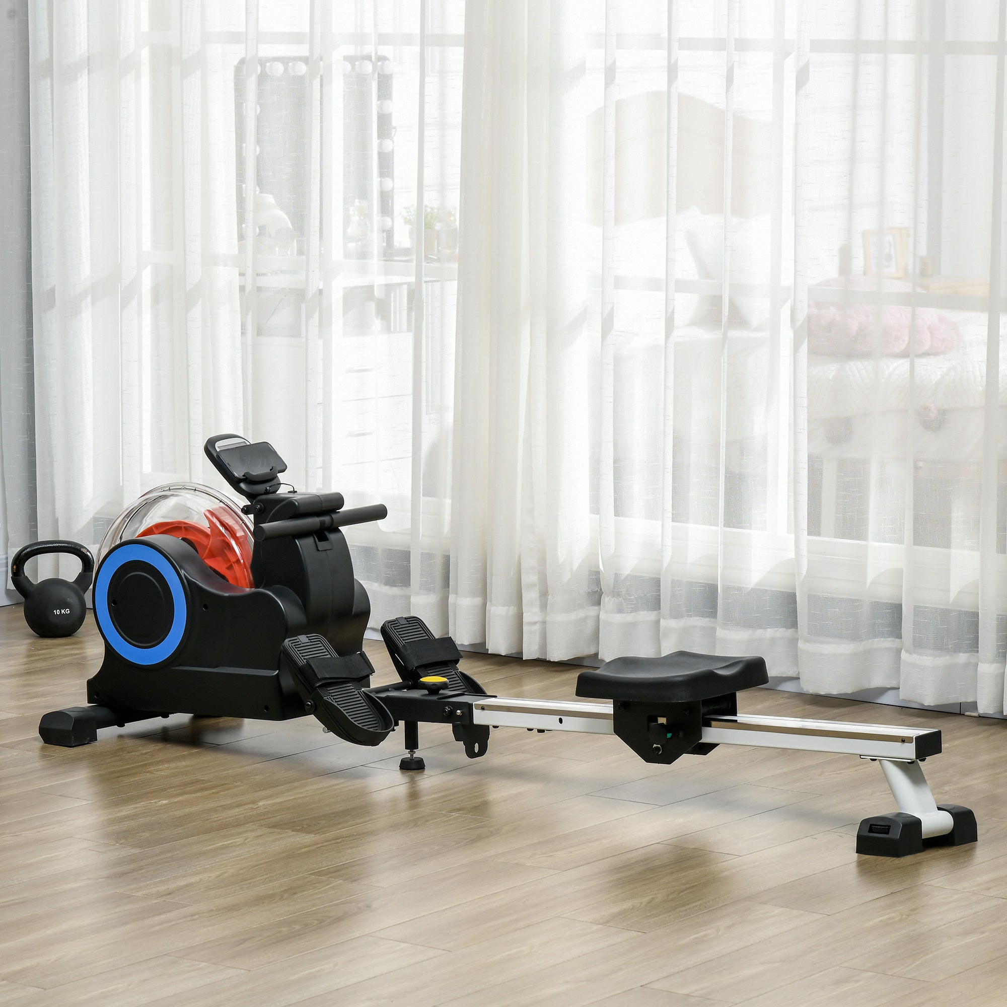 Foldable Rower Machine with Adjustable Resistance, Wheels, LCD Monitor and Tablet Holder- Blue