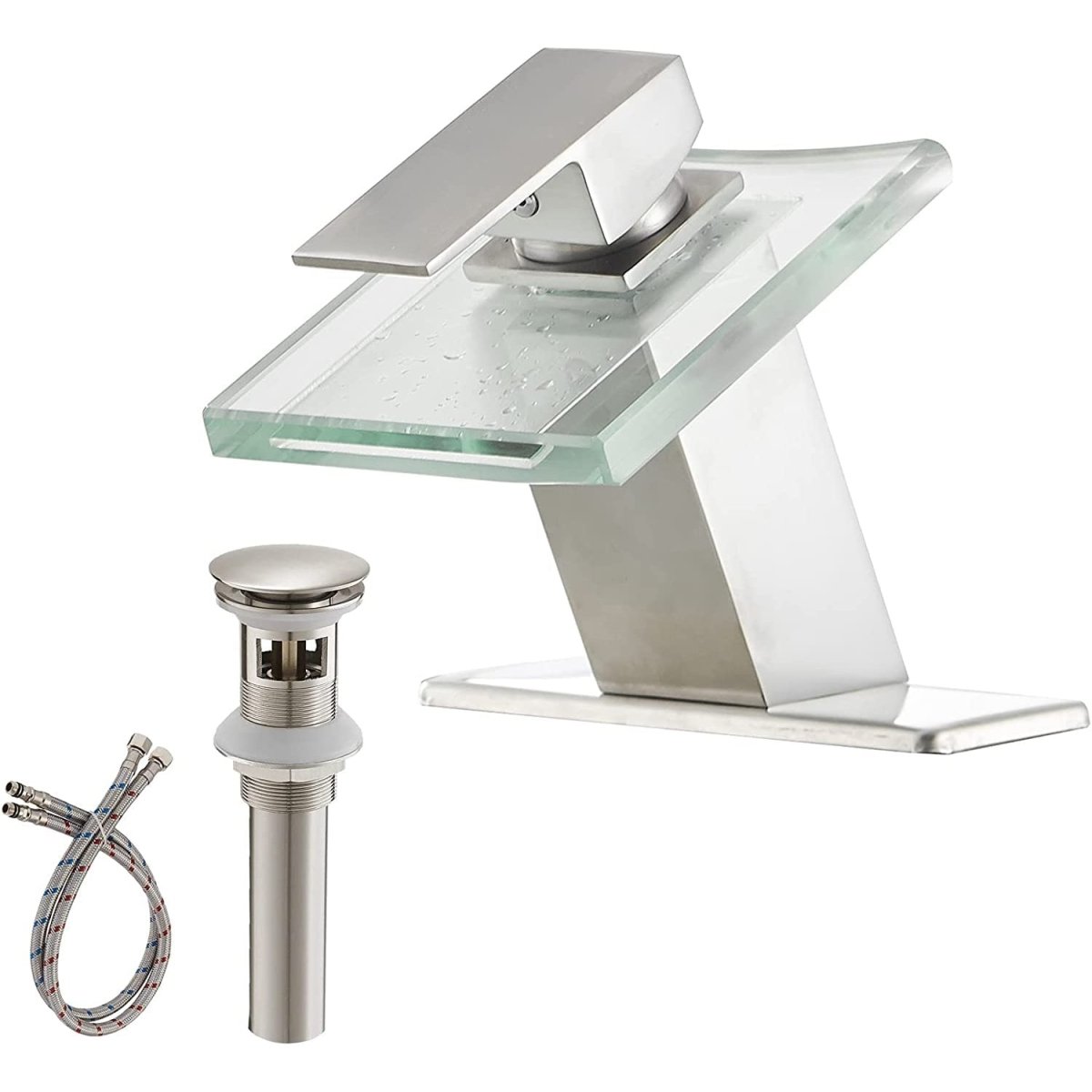 Glass Spout Waterfall Single Hole Bathroom Faucet Nickel