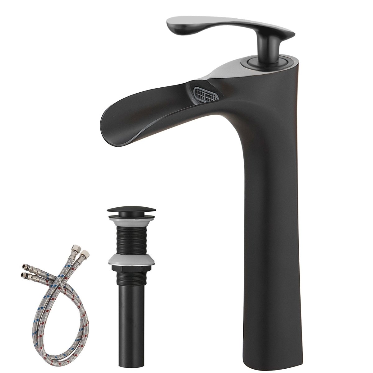 Waterfall Bathroom Vessel Sink Faucet With Drain Matte Black