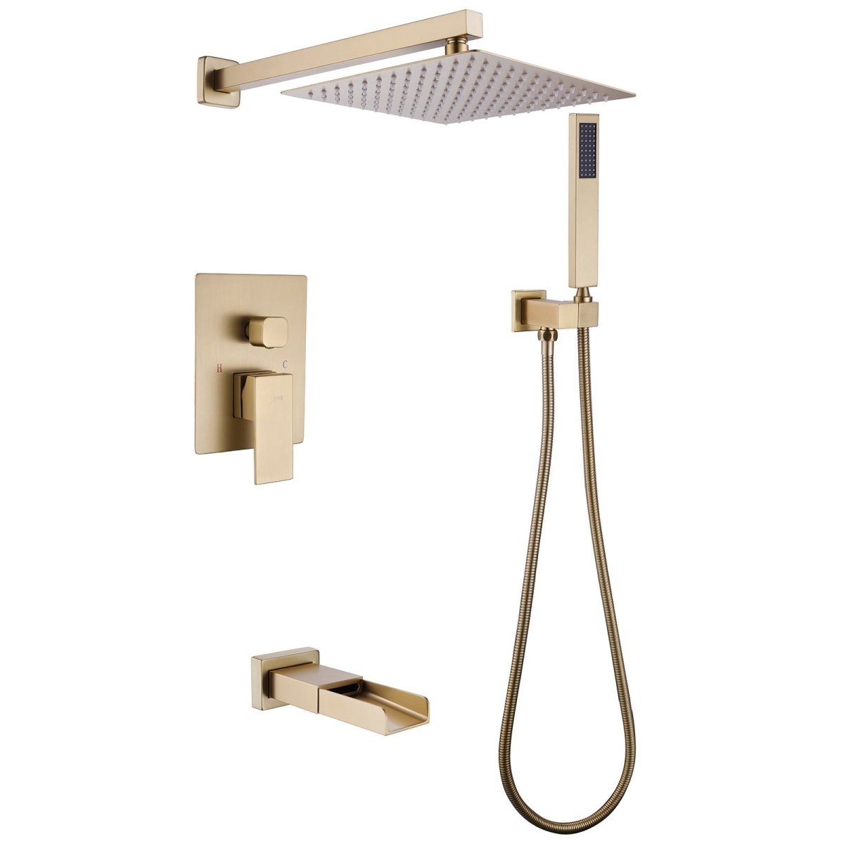 Waterfall Spout 3-Spray Tub and Shower Faucet Brushed Gold