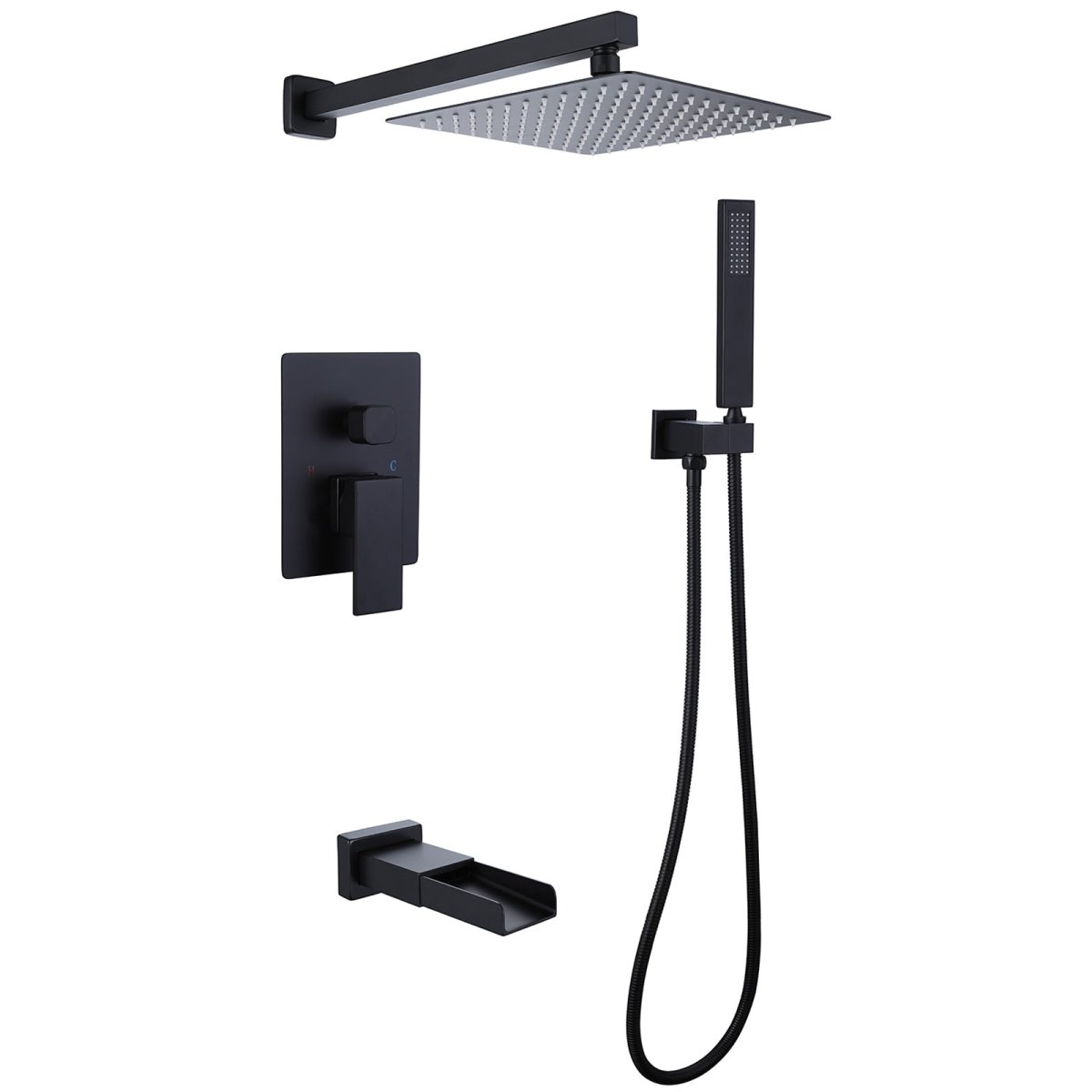 Waterfall Spout 3-Spray Tub and Shower Faucet Matte Black