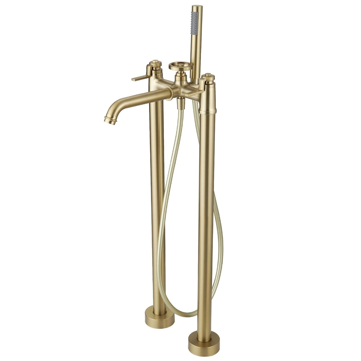 3-Handle Floor Mount Roman Bathtub Faucet Brushed Gold