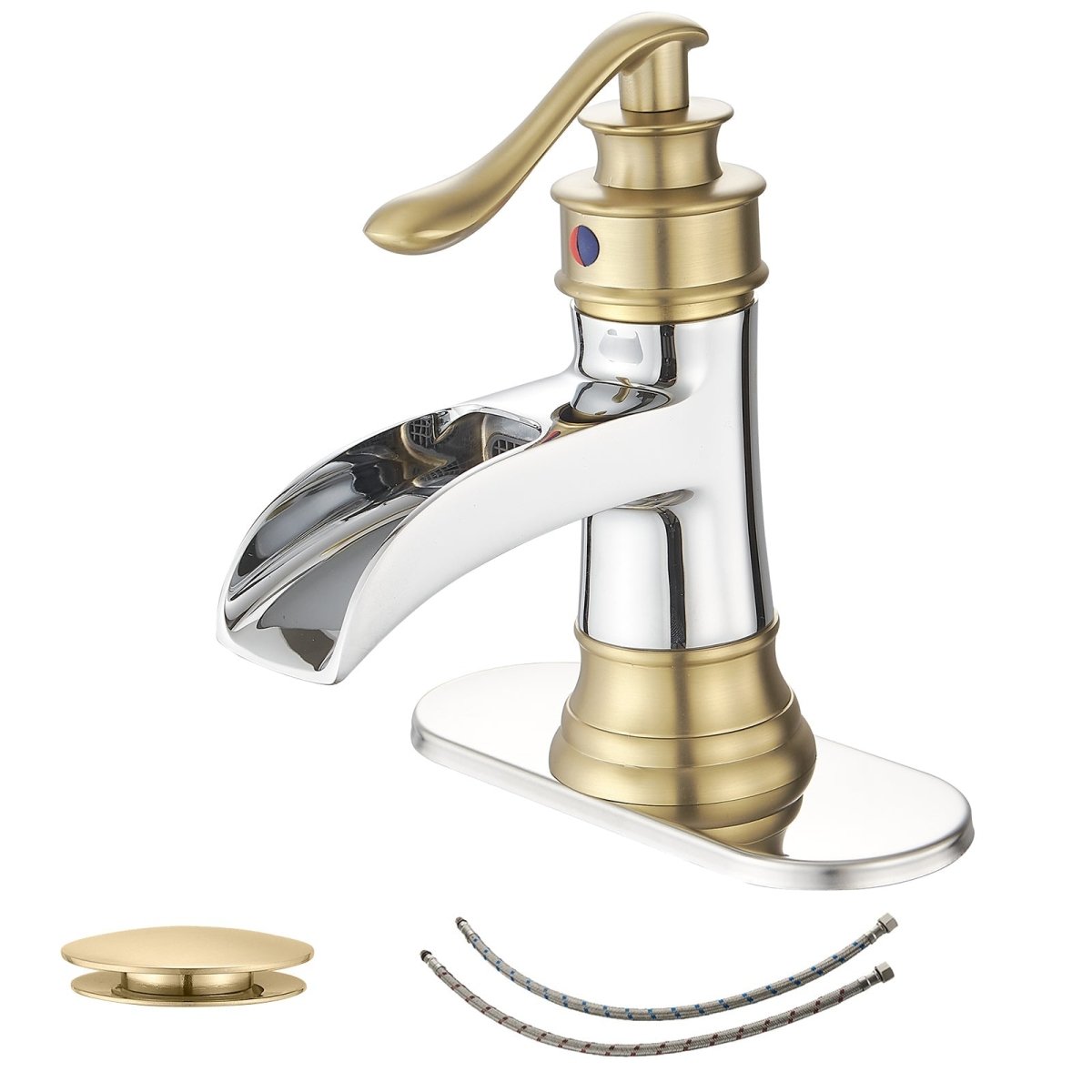 Waterfall Single Hole Low-Arc Bathroom Faucet in Chrome & Gold