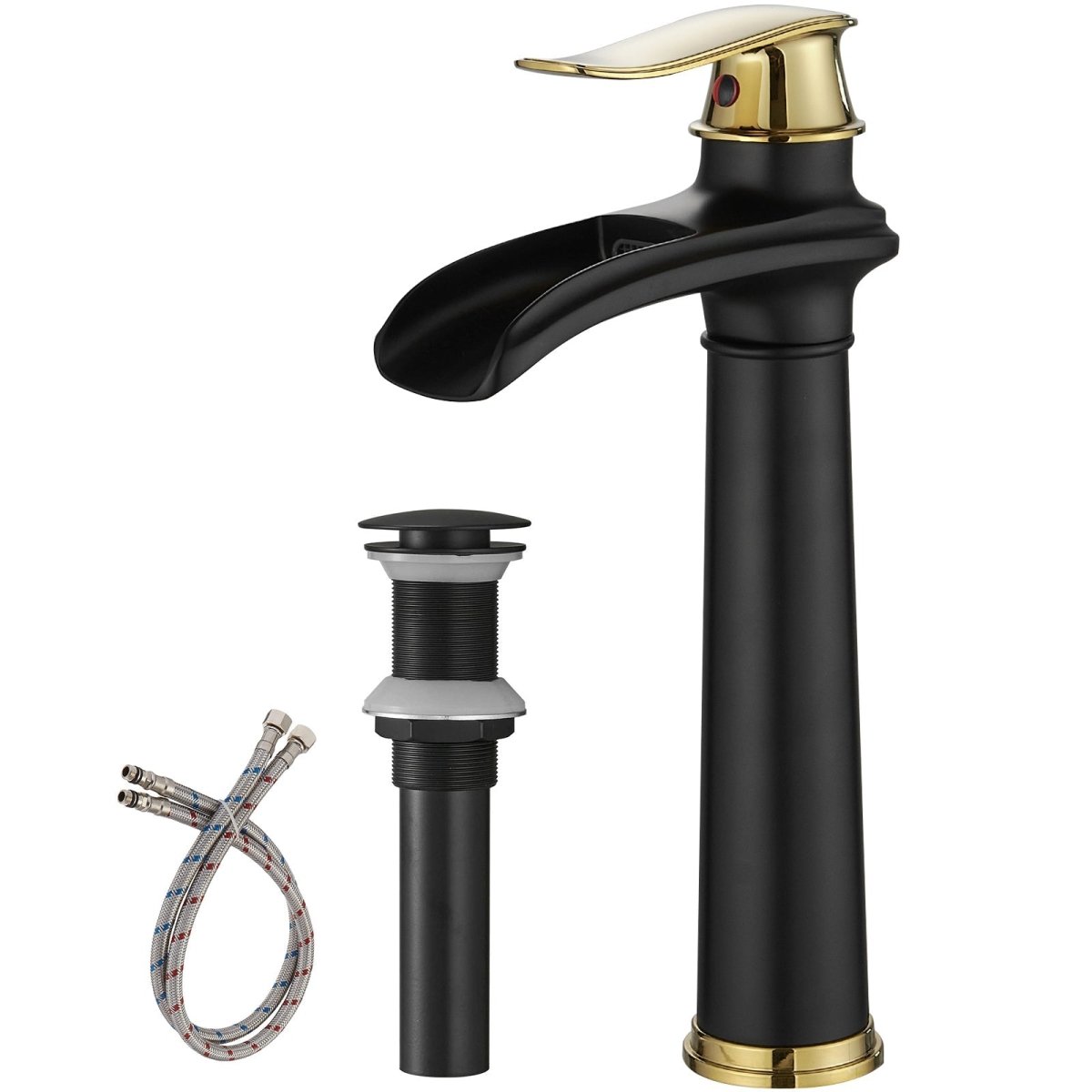 Waterfall Tall Spout Vessel Sink Bathroom Faucet Black & Gold