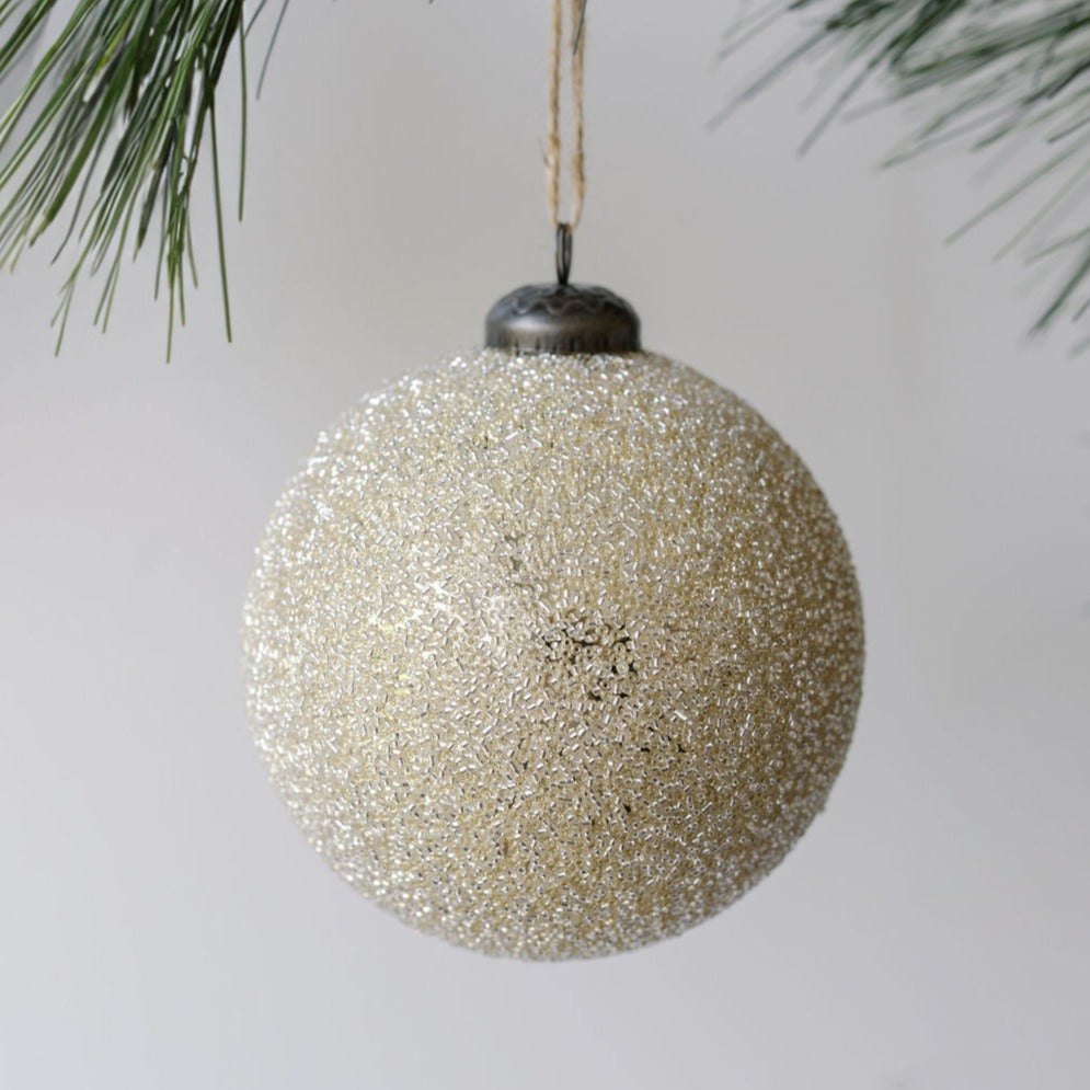 4" Beaded Cream Glass Ornament