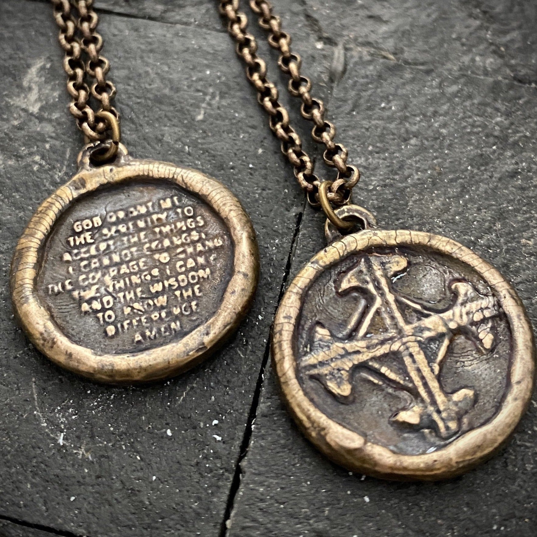 Serenity Prayer Necklace, Men's Soldered Bronze Pendant with Cross, Unisex Jewelry Gift, Faith, BR-043