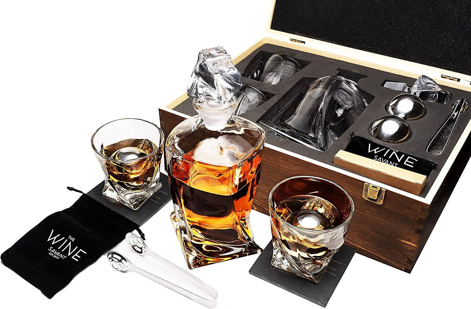 Whiskey Stones & Decanter Gift Set - 2 Glasses, 2 Coasters