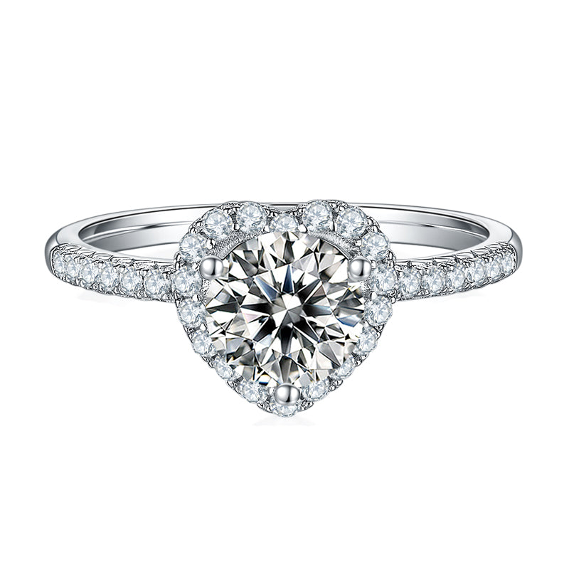 Heart Halo Moissanite Engagement Ring 1.0 ct, 925 Silver / 4.5