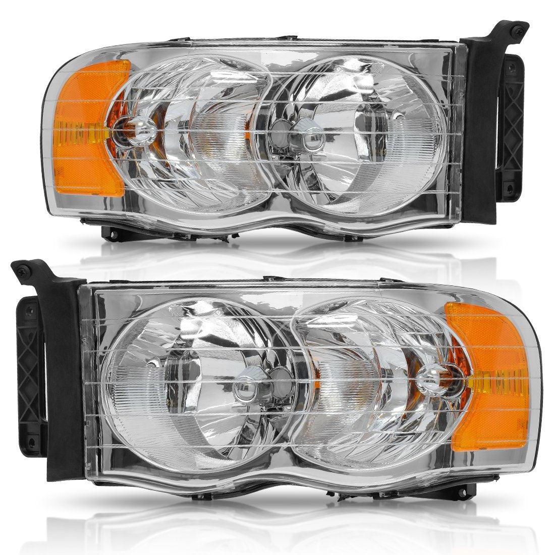 YITAMOTOR 2002-2005 Dodge Ram Pickup Truck Headlamps Chrome Housing with Amber Reflector Clear Lens