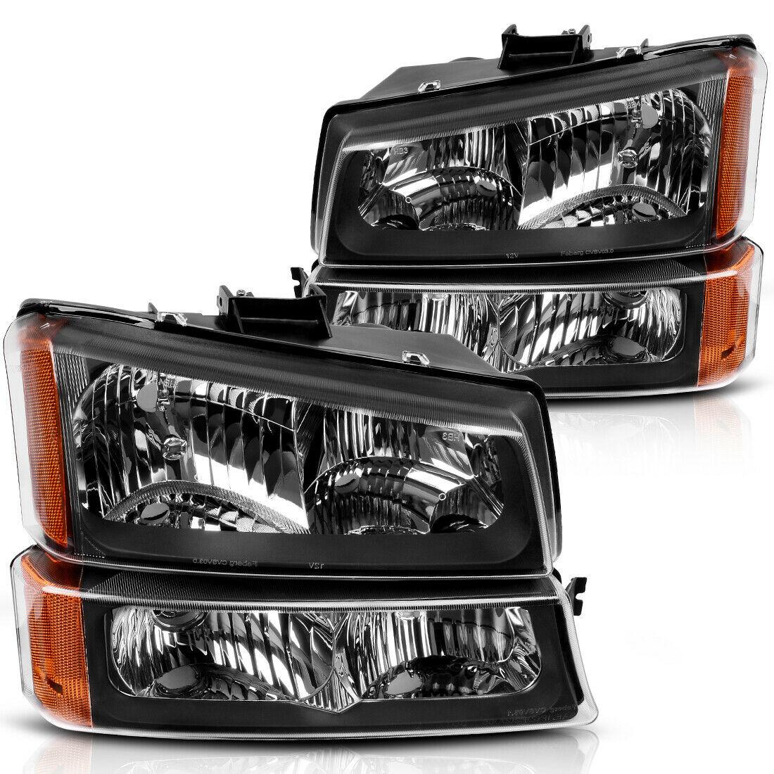 YITAMOTOR 2003-2007 Chevy Silverado Headlight Assembly Black Housing Amber Side + Bumper Headlights Lamps