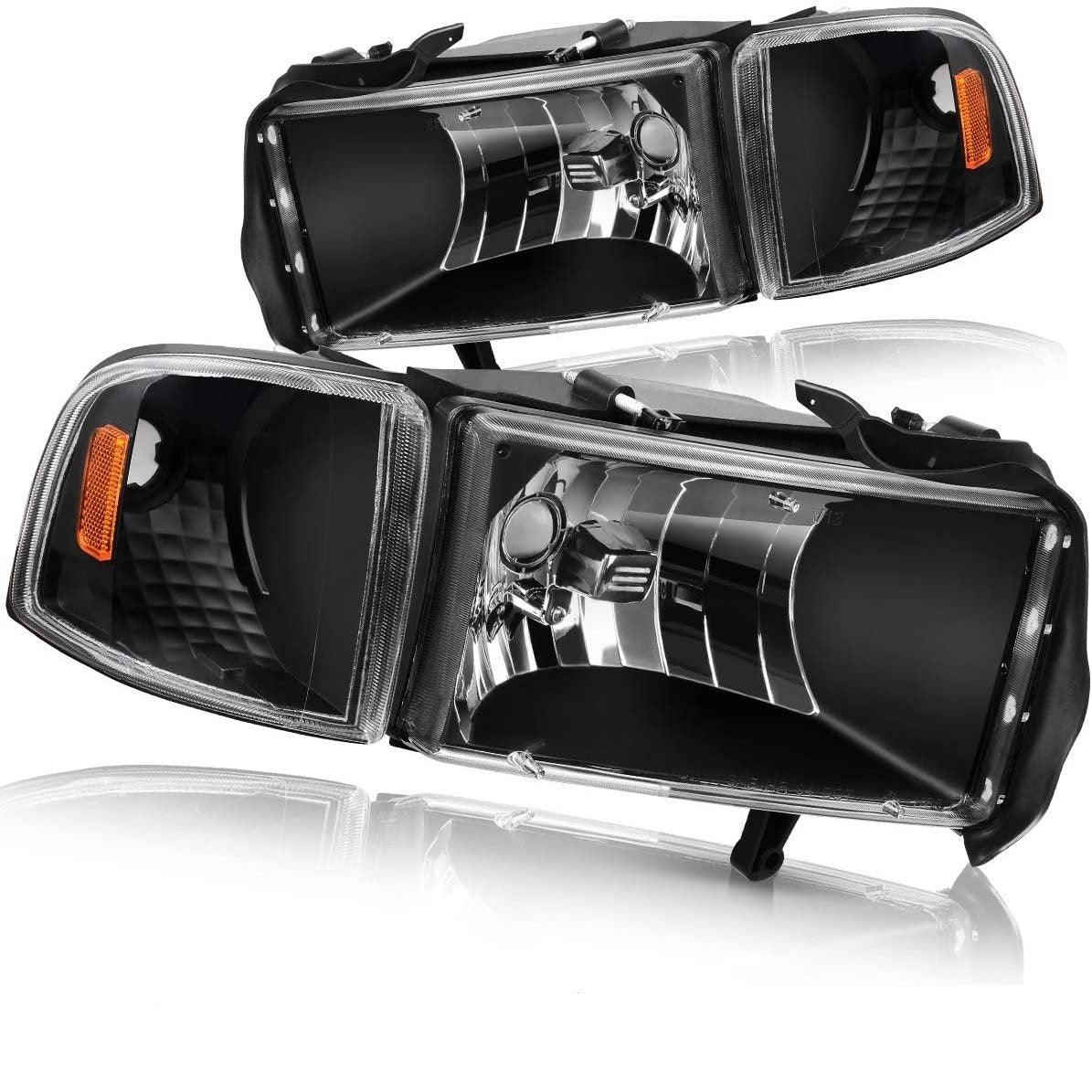 YITAMOTOR 94-01 Dodge Ram 1500/94-02 Dodge Ram 2500 3500 Headlight Assembly Black Housing + Corner Lights