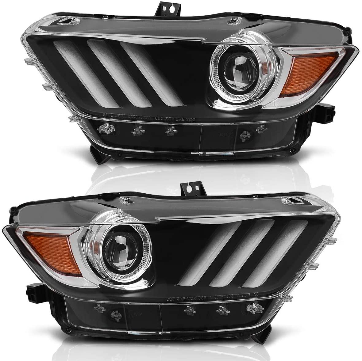 YITAMOTOR 2015-2020 Ford Mustang Headlight Assembly Black Housing with Amber Reflector Clear Lens