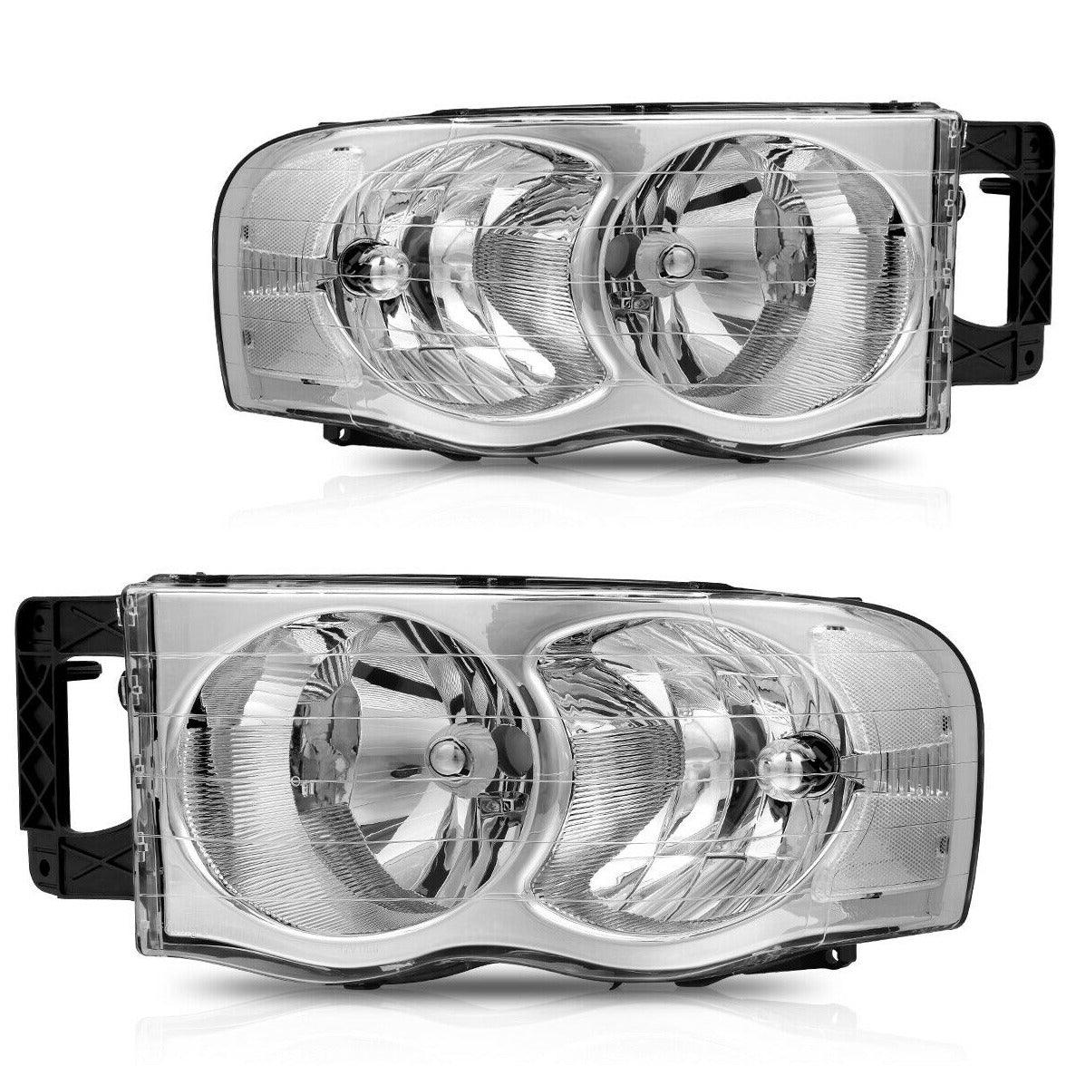 YITAMOTOR Headlight Assembly 2002-2005 Dodge Ram Pickup Truck Headlamps Chrome Housing with Clear Reflector Lens