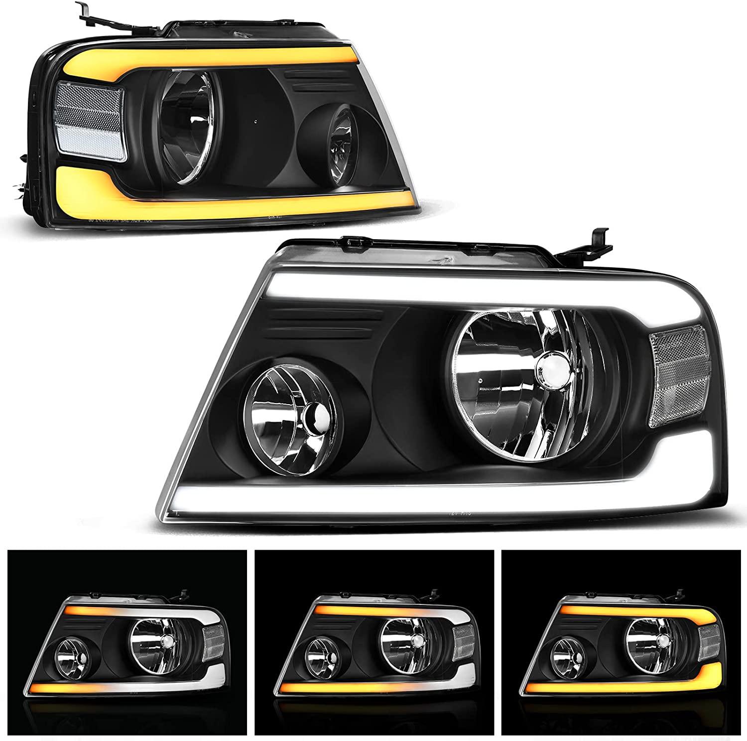 YITAMOTOR 2004-2008 Ford F150 DRL Switchback LED Tube Headlights Assembly Clear Reflector