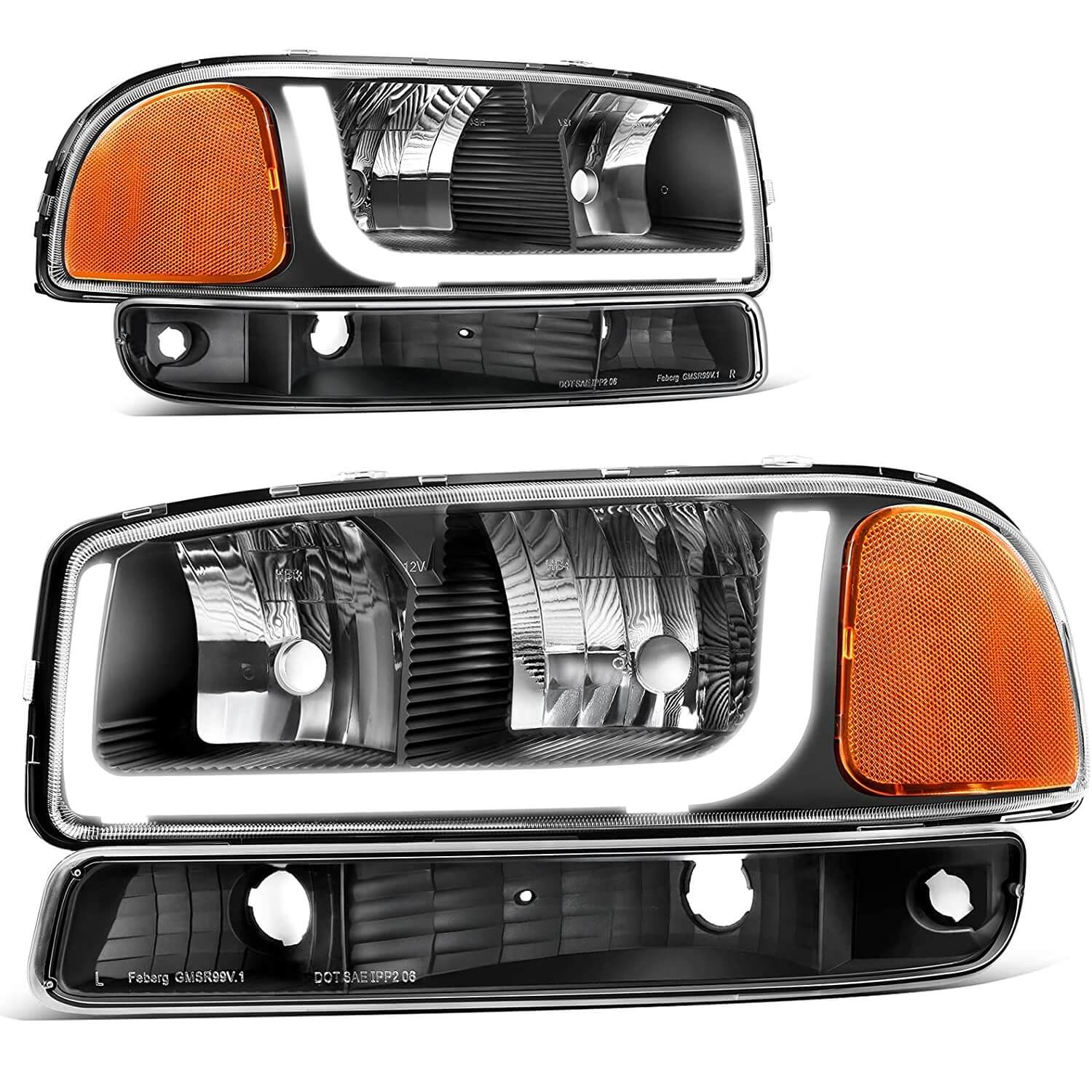 YITAMOTOR LED DRL 1999 -2006 GMC Sierra / 2001-2006 GMC Yukon Headlights Assembly Black Housing Amber Reflector